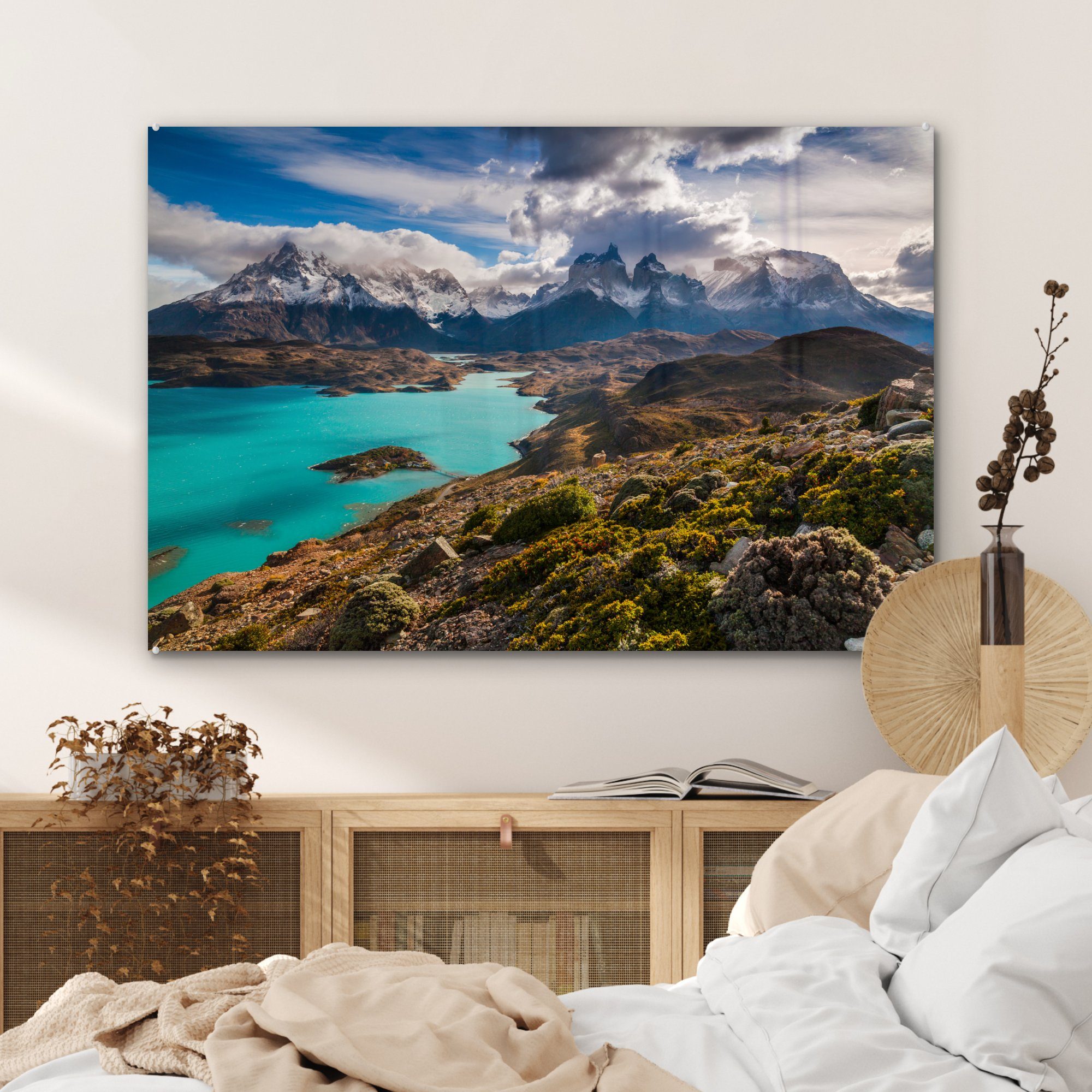 & auf und Acrylglasbild den MuchoWow St), Acrylglasbilder die des Blick (1 Wohnzimmer Patagonien, See Schlafzimmer Nationalparks Berge