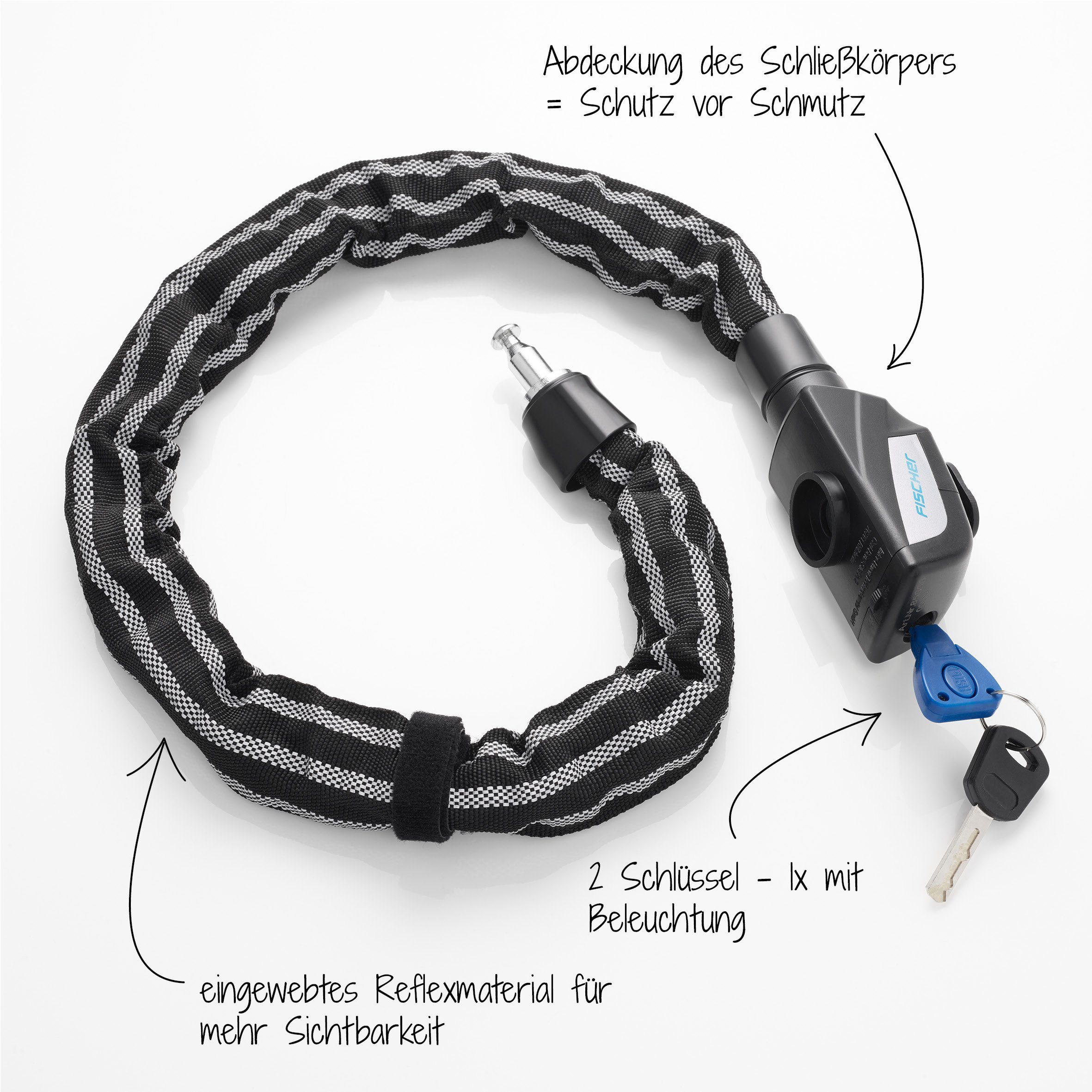 FISCHER Fahrrad Kettenschloss FISCHER Fahrradschloss mit Reflexstreifen (Packung, 3-tlg), Reflexstreifen