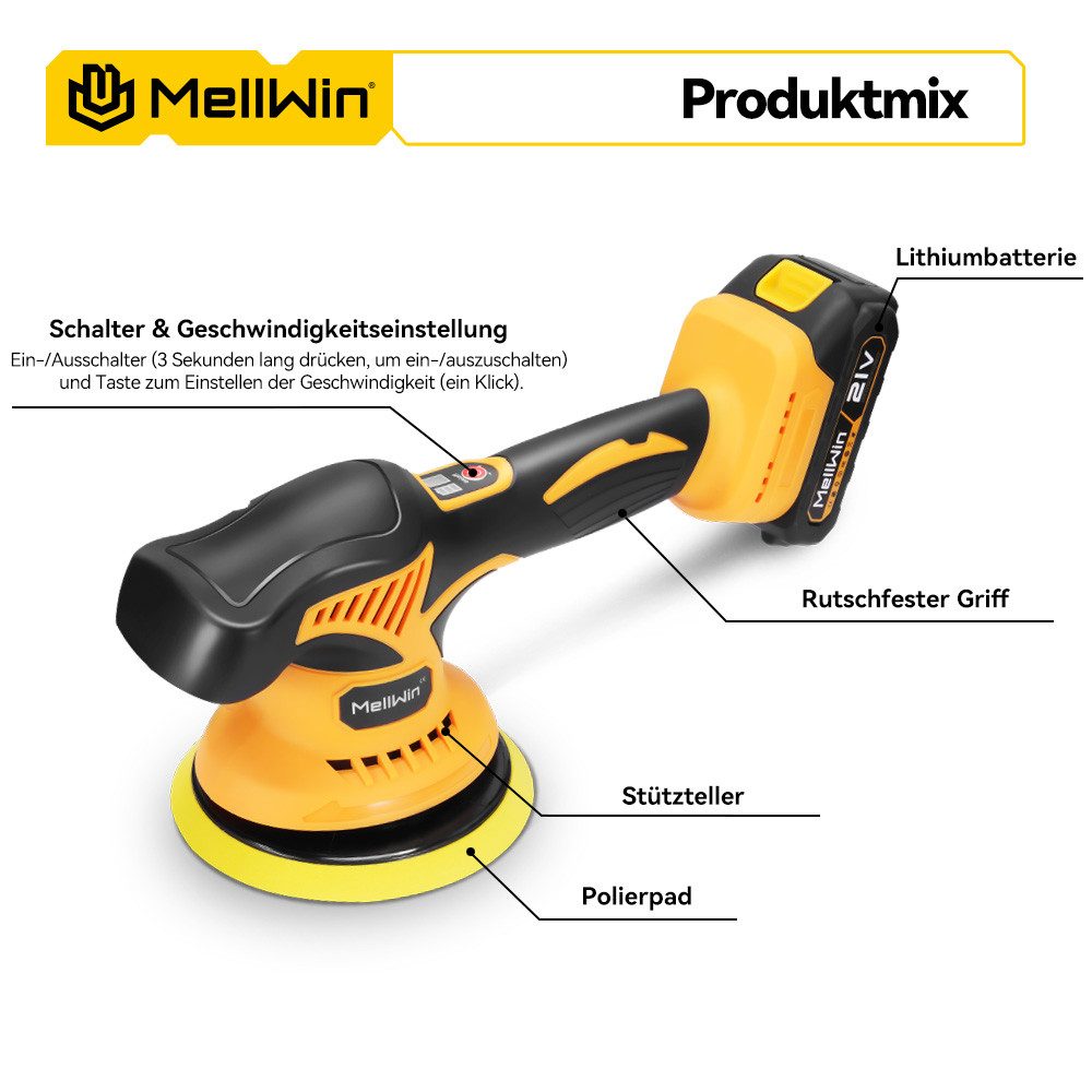 MELLWIN Akku-Poliermaschine 150 mm Set mit 2 Akkus für Auto Politur, 2800 min. U/min, 6000 max. U/min, Ø 150 mm, (1 tlg), 8 Stufen 2800–6000 U/min kabellos für Kratzer & Glanzfinish