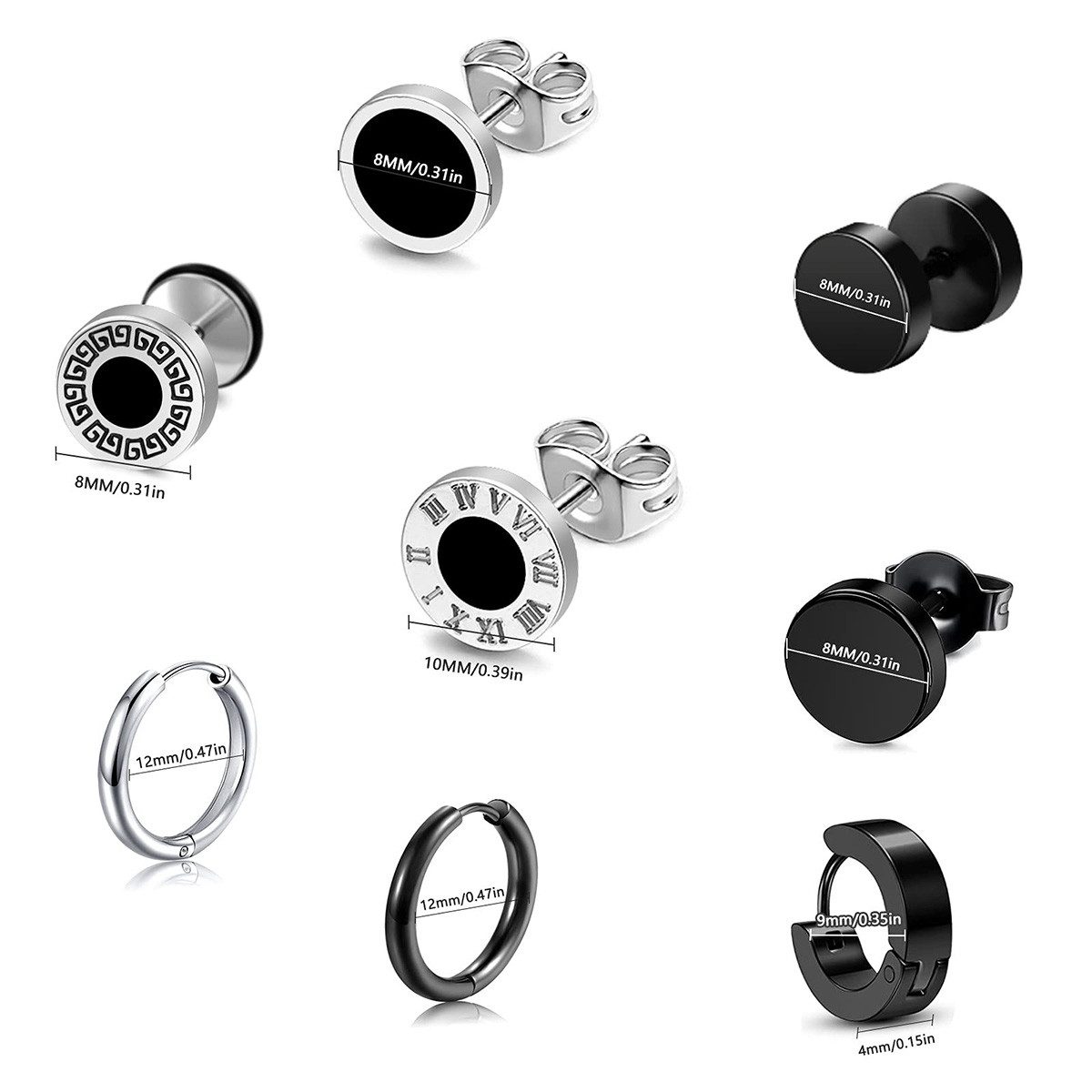 HoyoLee Ohrring-Set 8 Paar Herren Ohrringe Schwarz, Edelstahl Ohrstecker hypoallergen (8-tlg)