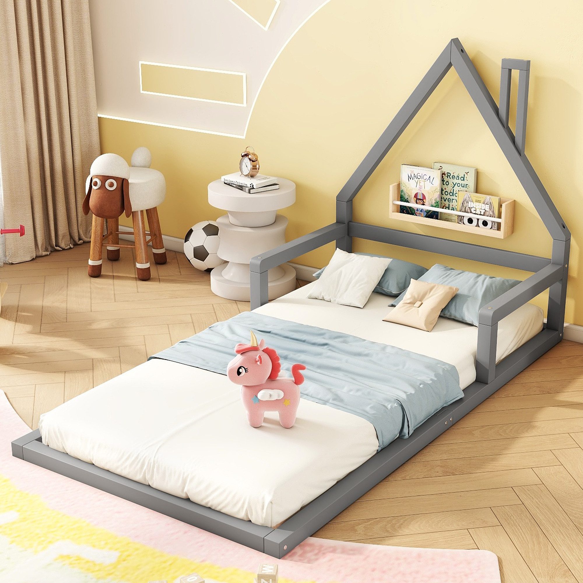 Kinderbett 90×200 in Hausform,Bettgestell mit Lattenrost,Flachbett ohne matratze