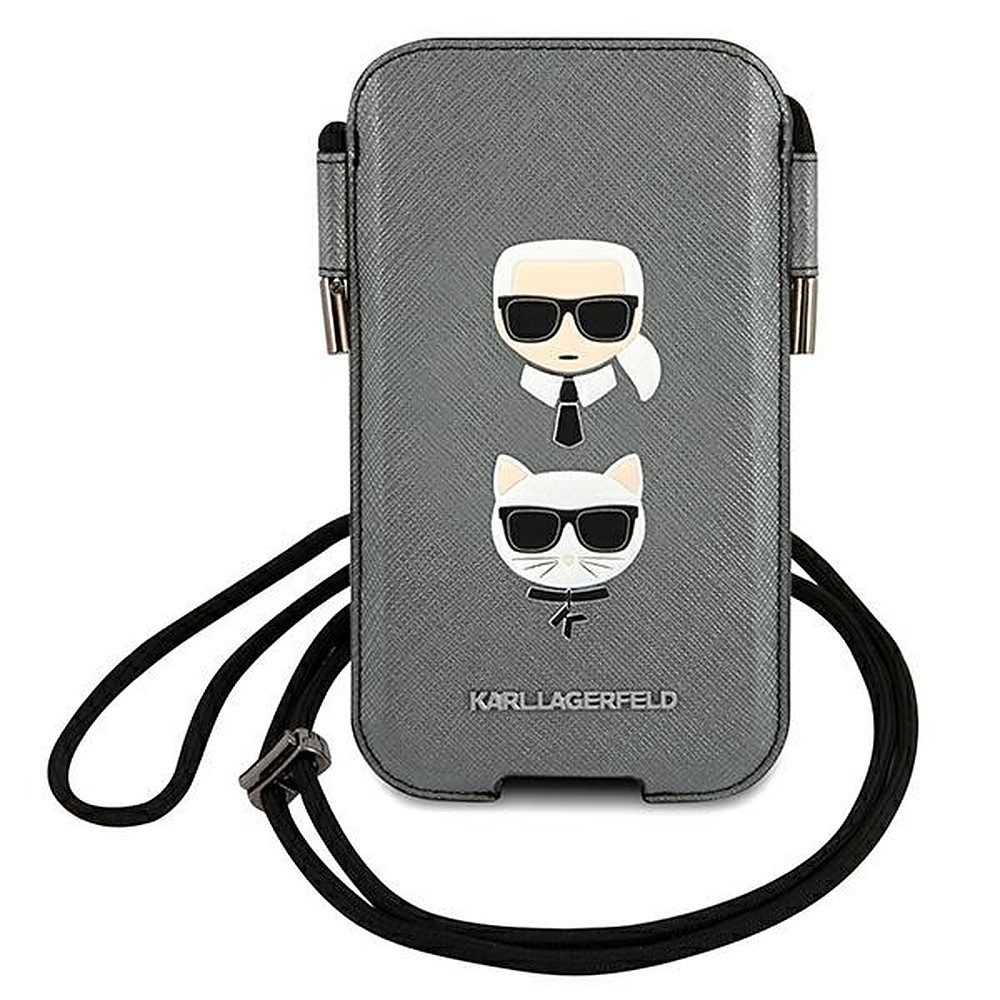 KARL LAGERFELD Handytasche Umhängetasche Smartphonetasche Schutzhülle (Spar-Set, 1-tlg., 18 x 10, 5 cm elegant), Saffiano-Kunstleder, Umhängekordel, Ladeaussparung