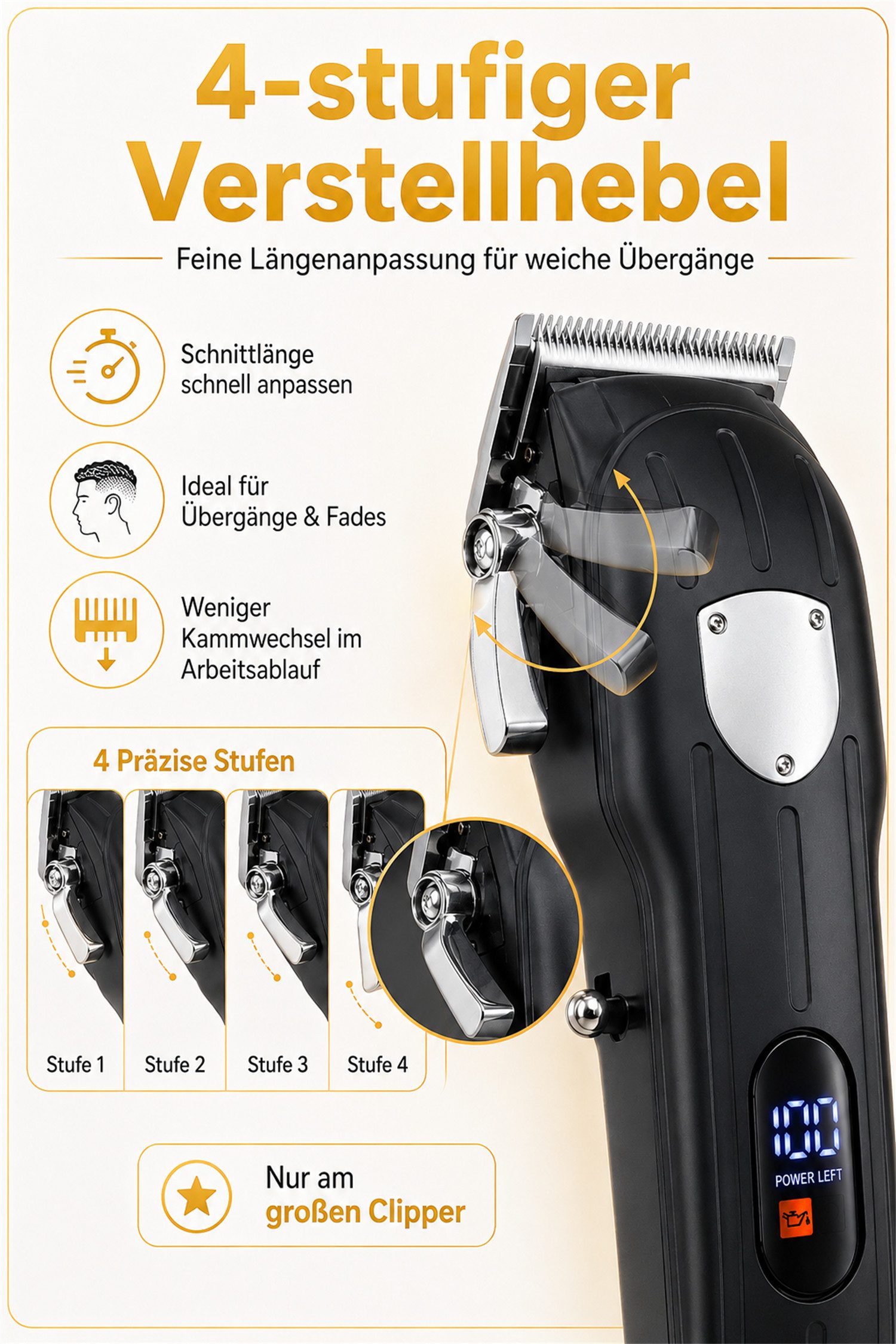 Luckice Haarschneider Herren Haarschneidemaschine-Set mit Profi-Clipper & T-Klingen-Trimmer, LED-Display, 4-fach Hebelverstellung, USB-Ladung und Zubehör, Barts – Bild 4 von 5
