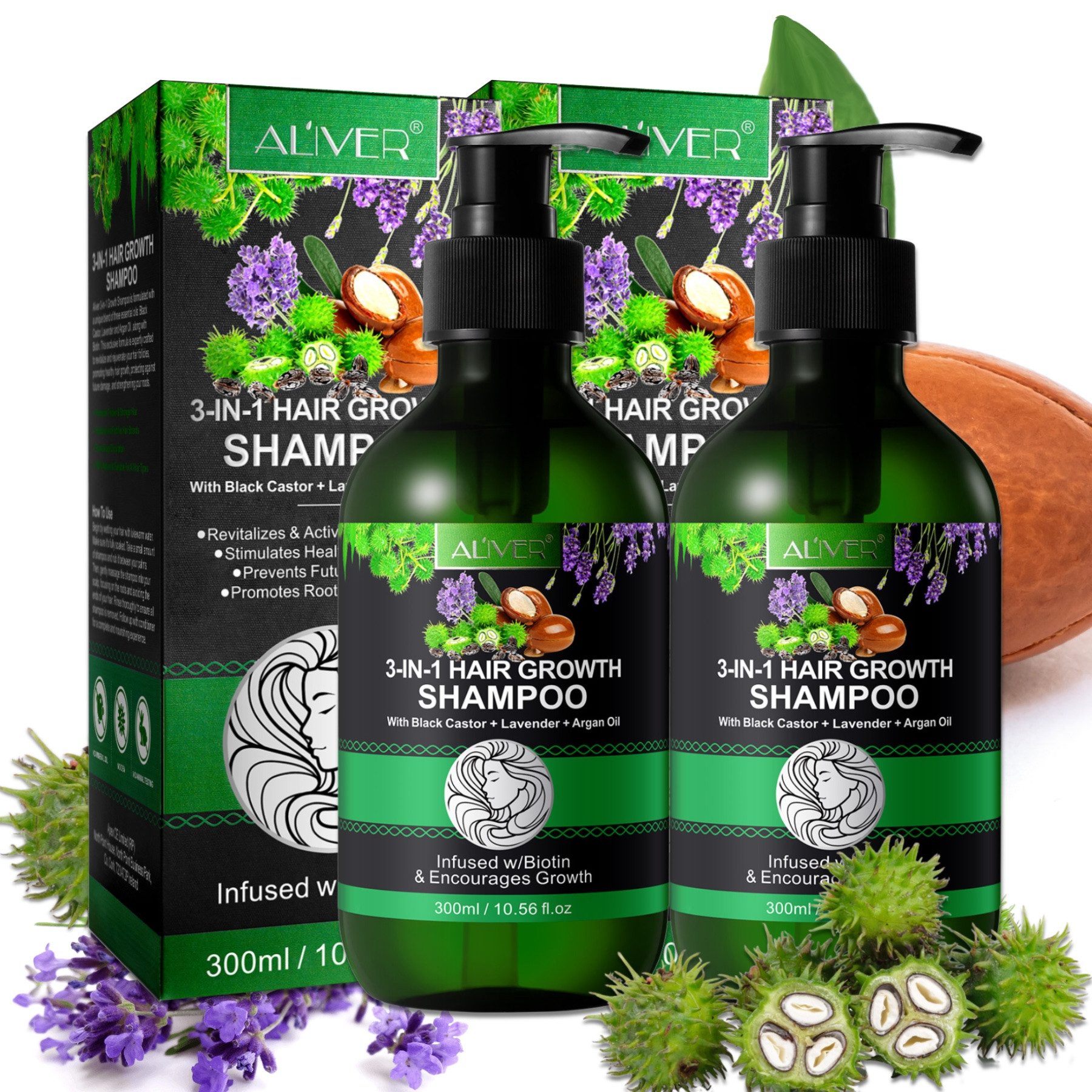 ALIVER Haarshampoo Kopfhaut Pflege Haarwachstum mit Rizinusöl Lavendelöl Arganöl Vegan, 2-tlg., Vegan, Shampoo, Pflegend