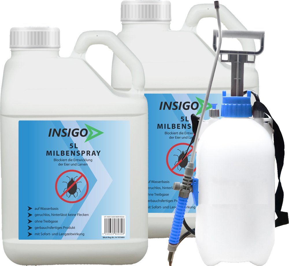INSIGO Ungezieferspray, mit / Insektenspray Milben-Spray brennt auf geruchsarm, Wasserbasis, Langzeitwirkung Anti Milben-Mittel 10 ätzt nicht, l,