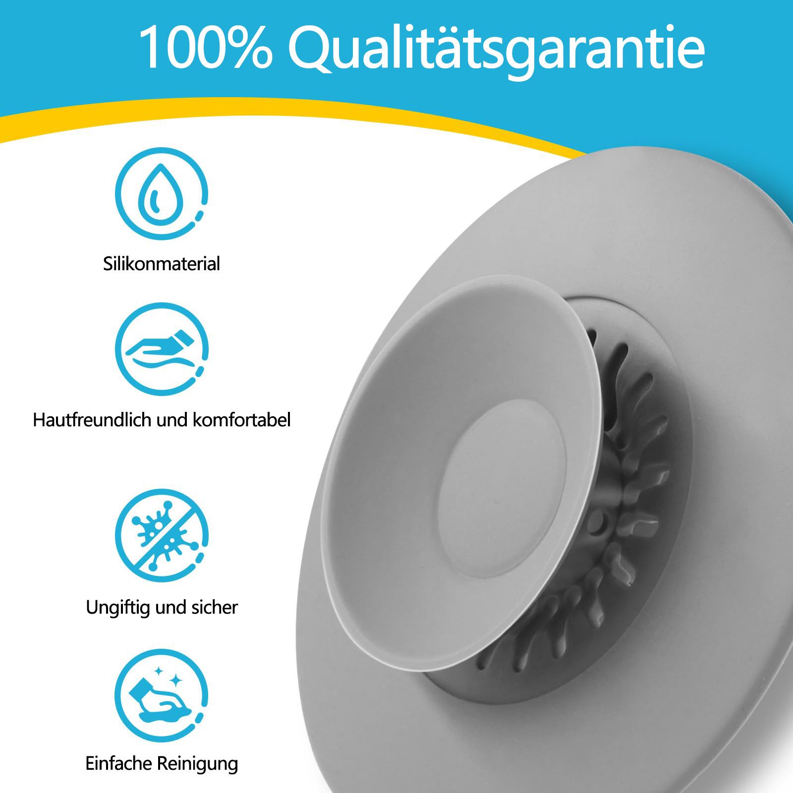 FOUORTUNATE-BEE Waschbeckenstöpsel Abflussstopfen Silikon Universal, (Waschbeckenstöpsel und Badewannenstöpsel mit Press und Haarsieb Funktion - Praktisches Abflusssieb für Waschbecken, Badewannen und Spülbecken,Grau 2 Stück, 2 St)