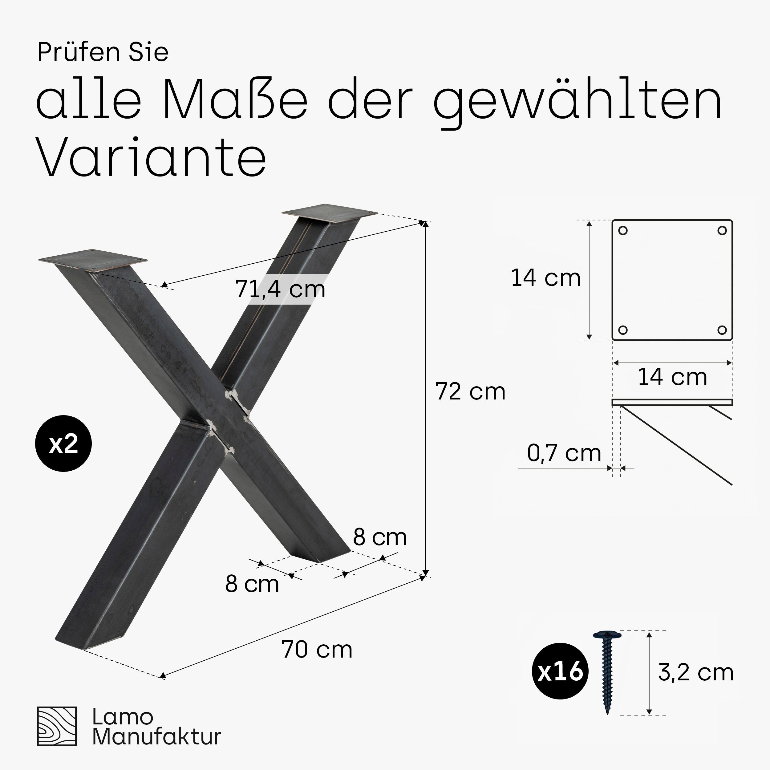 (SET, Tischgestell X-Form Massive 2er-Set pulverbeschichtet Tischkufen), Industriestahl Manufaktur mit LAMO Mark Tischbeine Klarlack Rohstahl