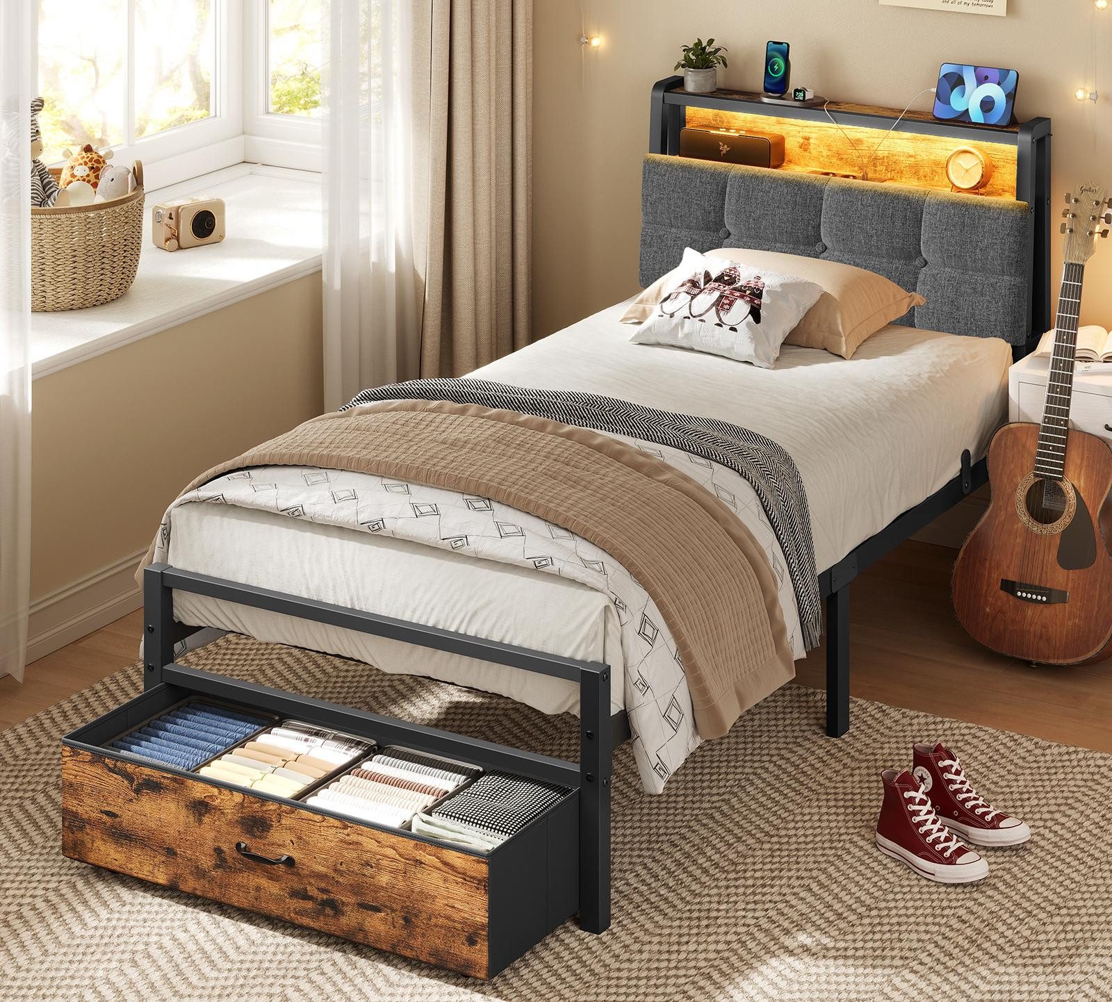 VASAGLE Polsterbett mit Kopfteil, Bett mit Stauraum und LED Beleuchtung, Steckdosen, Metallbett, 90 x 200 cm, mit Schublade