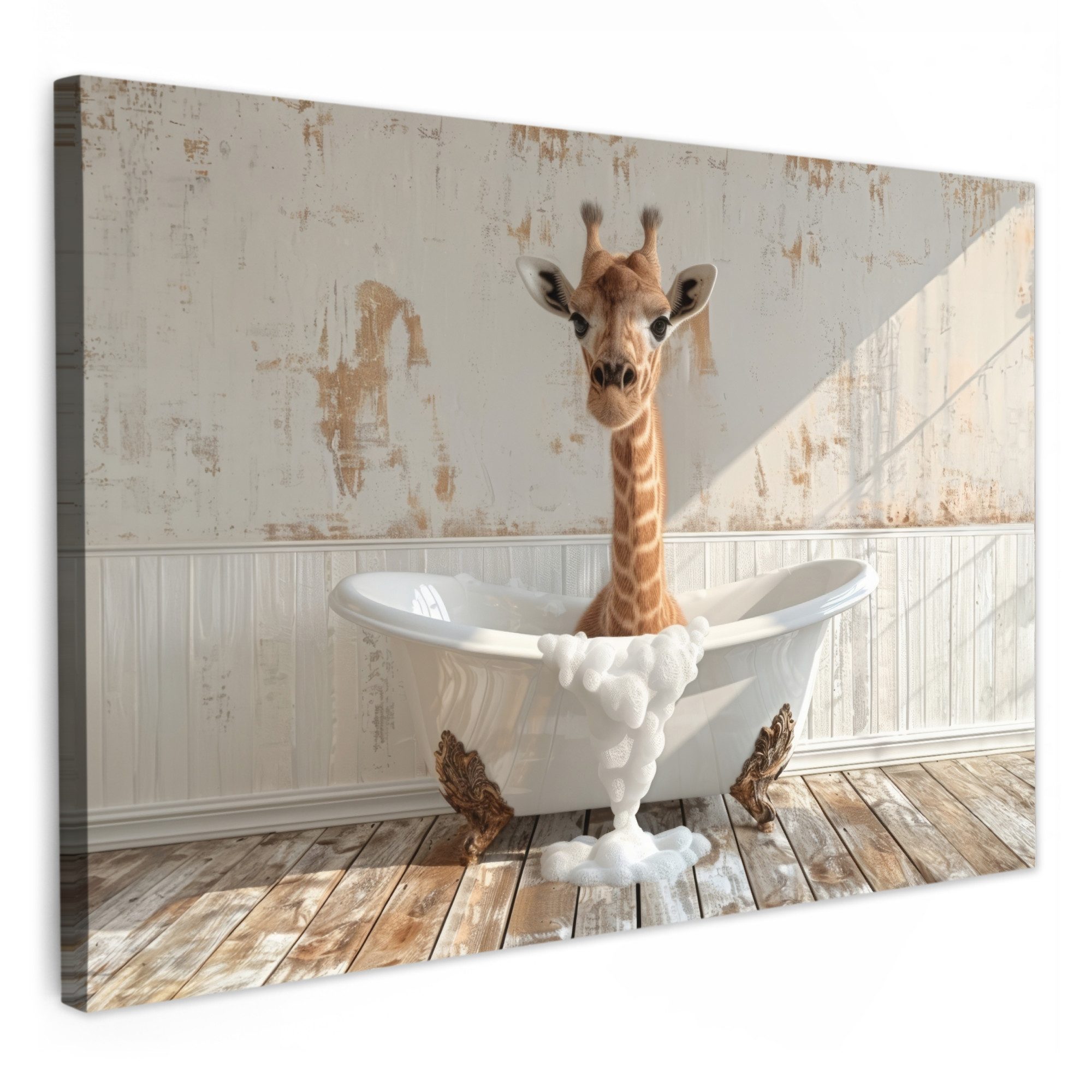 OneMillionCanvasses® Leinwandbild Giraffe - Badewanne - Vintage - Tier, Fotodruck (1 St), Bilder für Badezimmer, Bad und Toiletten Deko, Bild WC 30x20 cm