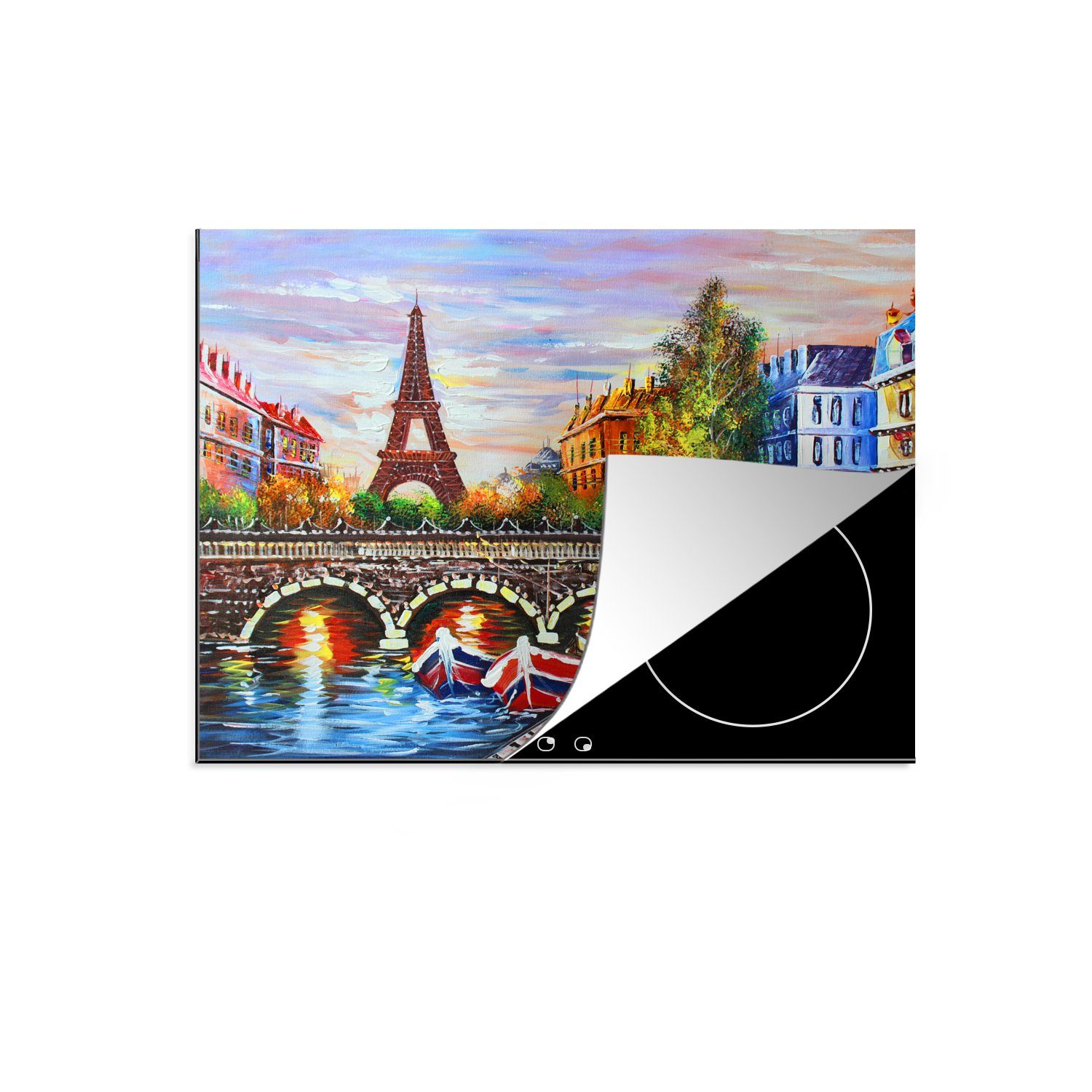 MuchoWow Herdblende-/Abdeckplatte Gemälde - Öl - Eiffelturm - Paris - Wasser, Vinyl, (1 tlg), 70x52 cm, Mobile Arbeitsfläche nutzbar, Ceranfeldabdeckung