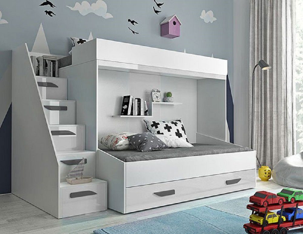 Feldmann-Wohnen Hochbett PARTY (Etagenbett, mit Bettschublade) Farbe wählbar weiß / weiß Hochglanz - Griffe grau