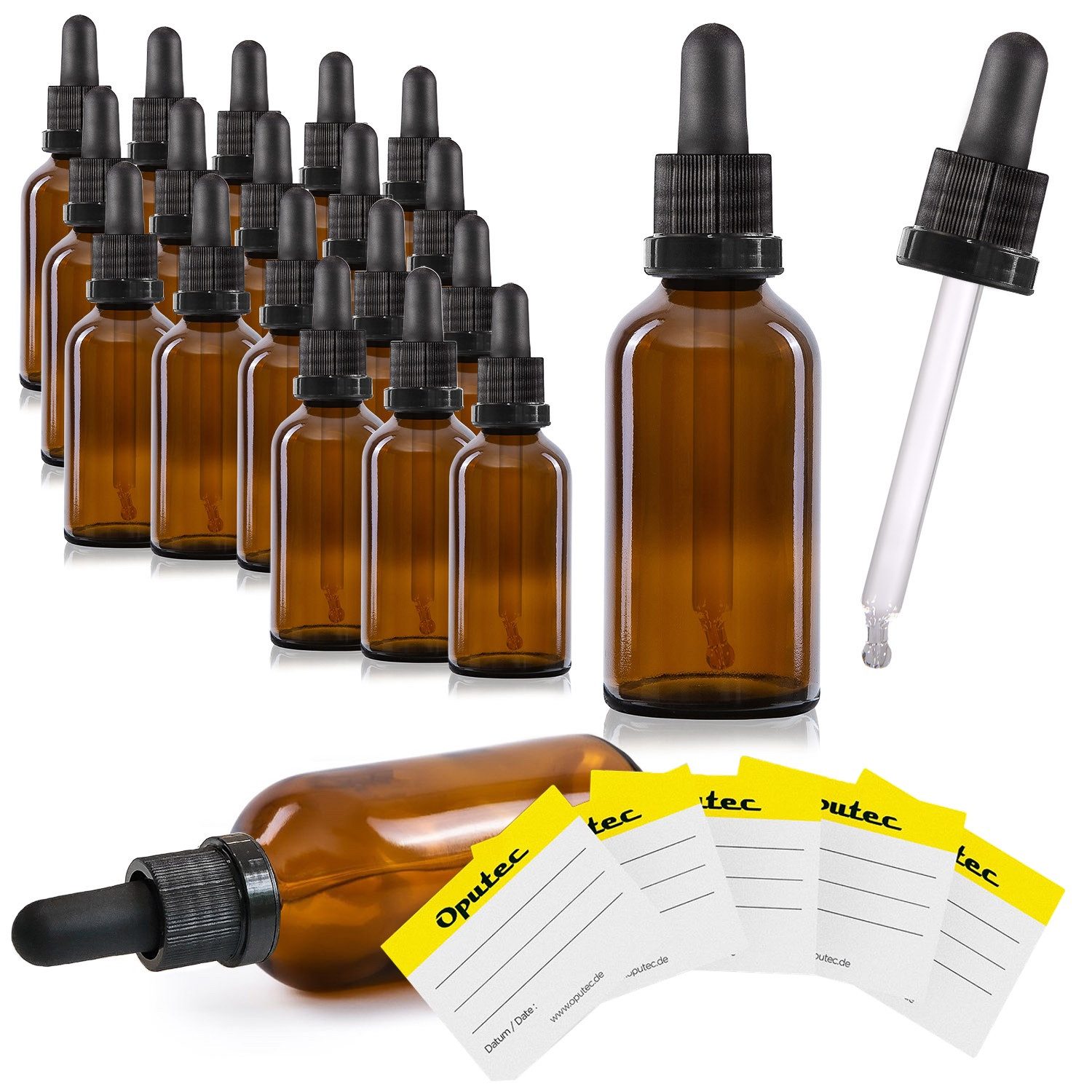 Oputec Pipettenflasche 20 x 50ml Pipettenflasche aus Braunglas m. Glaspipette + 20 Etiketten (Sparset, 20 x 50 ml)