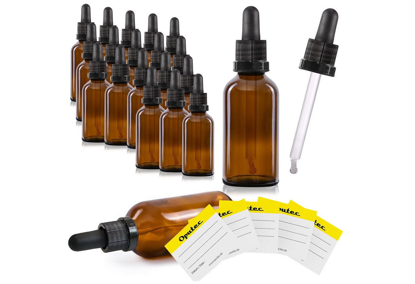 Oputec Pipettenflasche 20 x 50ml Pipettenflasche aus Braunglas m. Glaspipette + 20 Etiketten (Sparset, 20 x 50 ml)