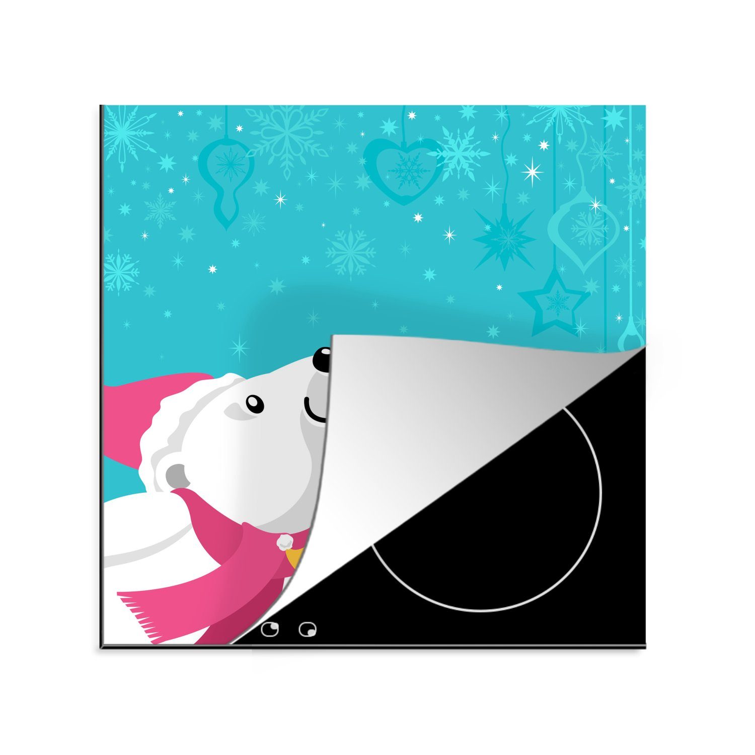 auf Pinguins 78x78 blauem Ceranfeldabdeckung, Herdblende-/Abdeckplatte cm, tlg), (1 MuchoWow Arbeitsplatte eines für Illustration Vinyl, Hintergrund, und eines küche Eisbären