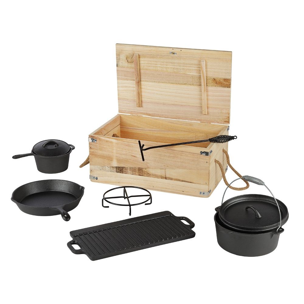 Feel2Home Feuertopf Dutch Oven Kochkessel Set 7 tlg. Outdoorküche Schmortopf Suppentopf, Gusseisen (Stück, 7-tlg., Premium-Set), Deckelheber