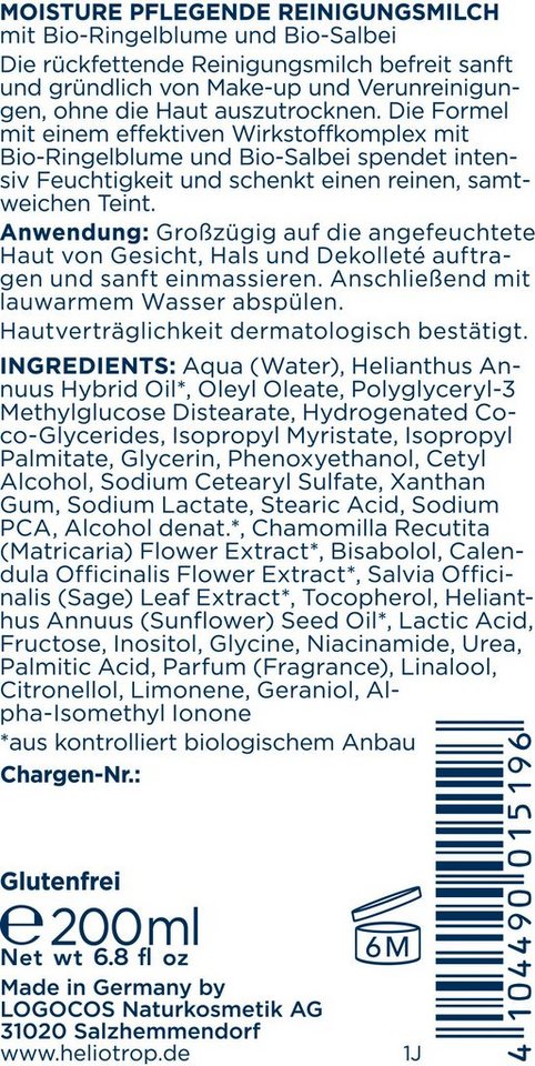 HELIOTROP Gesichts-Reinigungsmilch Moisture, Reinigt sanft und gründlich,  ohne die Haut auszutrocknen