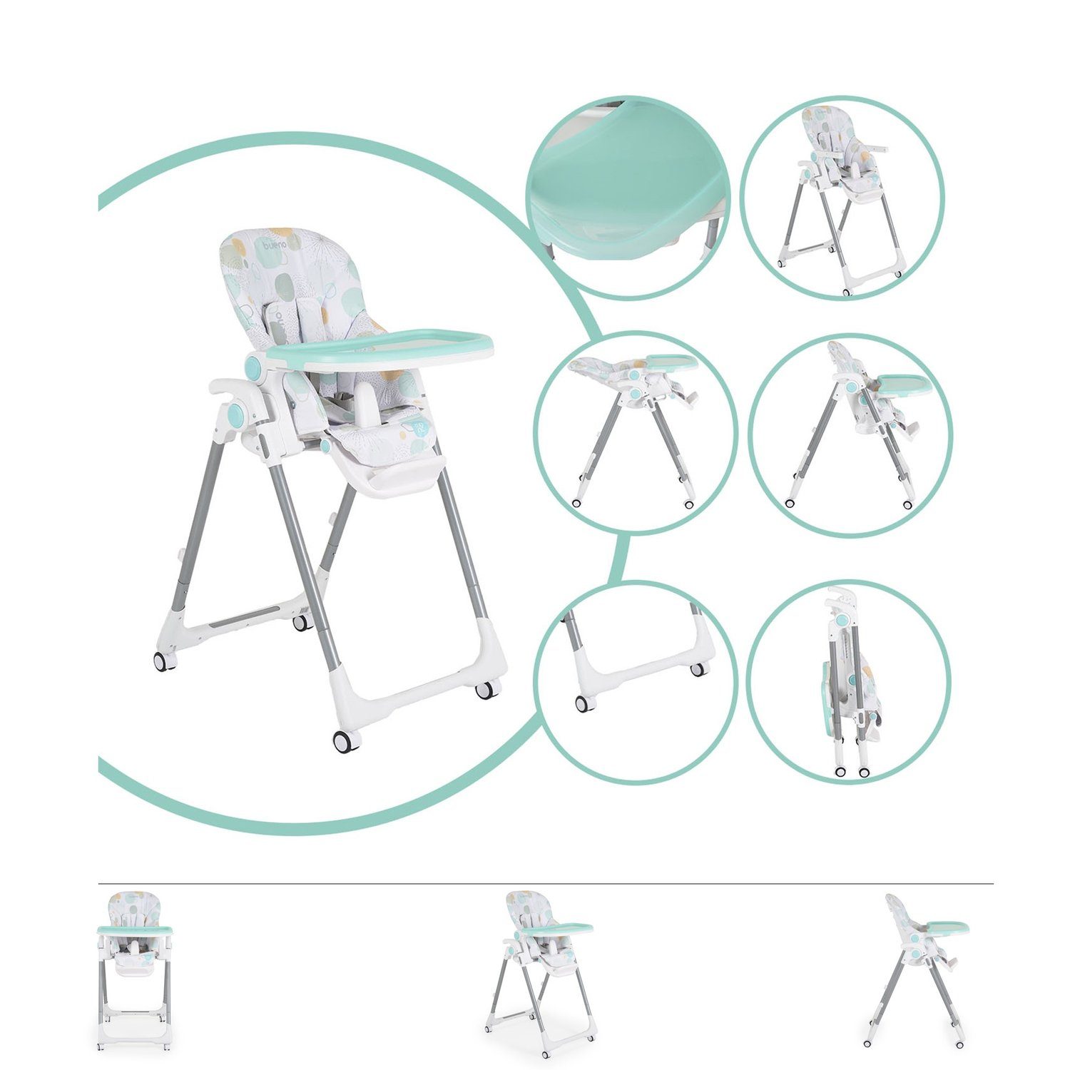 Moni Hochstuhl Kinderhochstuhl Bueno faltbar, mehrfach verstellbar Doppeltablett Räder Gurt türkis | Stühle