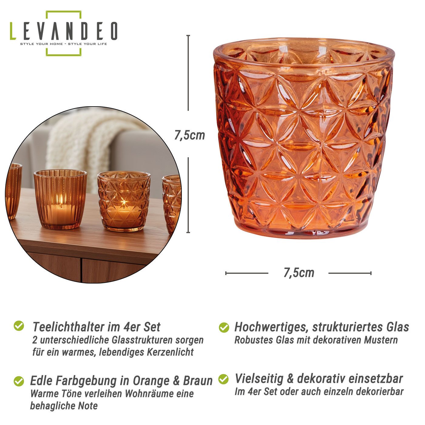 Levandeo® Teelichthalter, 4er Set Windlicht 7,5cm Glas Orange Braun Teelichthalter Tischdeko