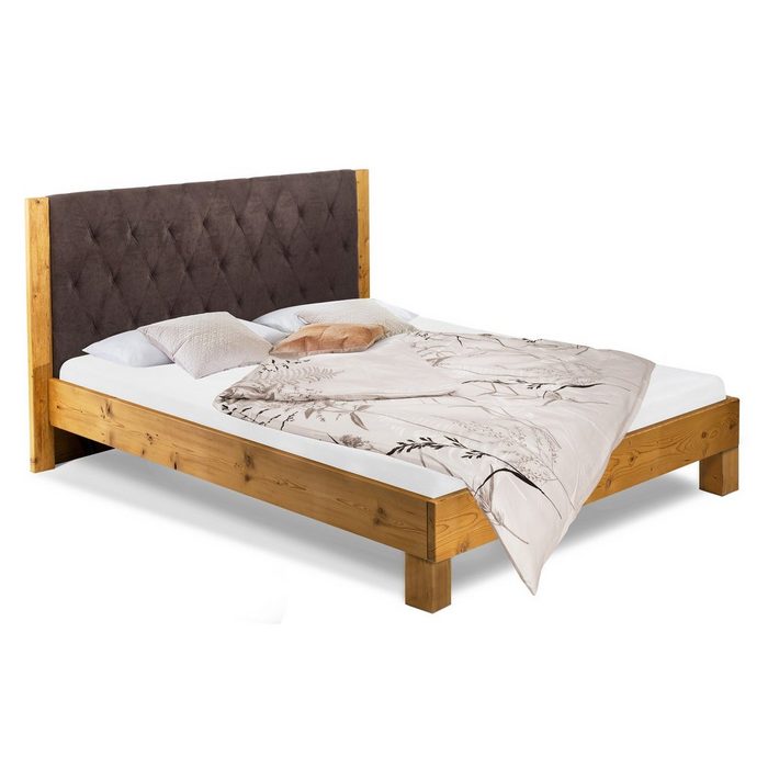 Moebel-Eins Massivholzbett CURBY 4-Fuß-Bett mit gestepptem Polster-Kopfteil Material Massivholz rustikale Altholzoptik Fichte