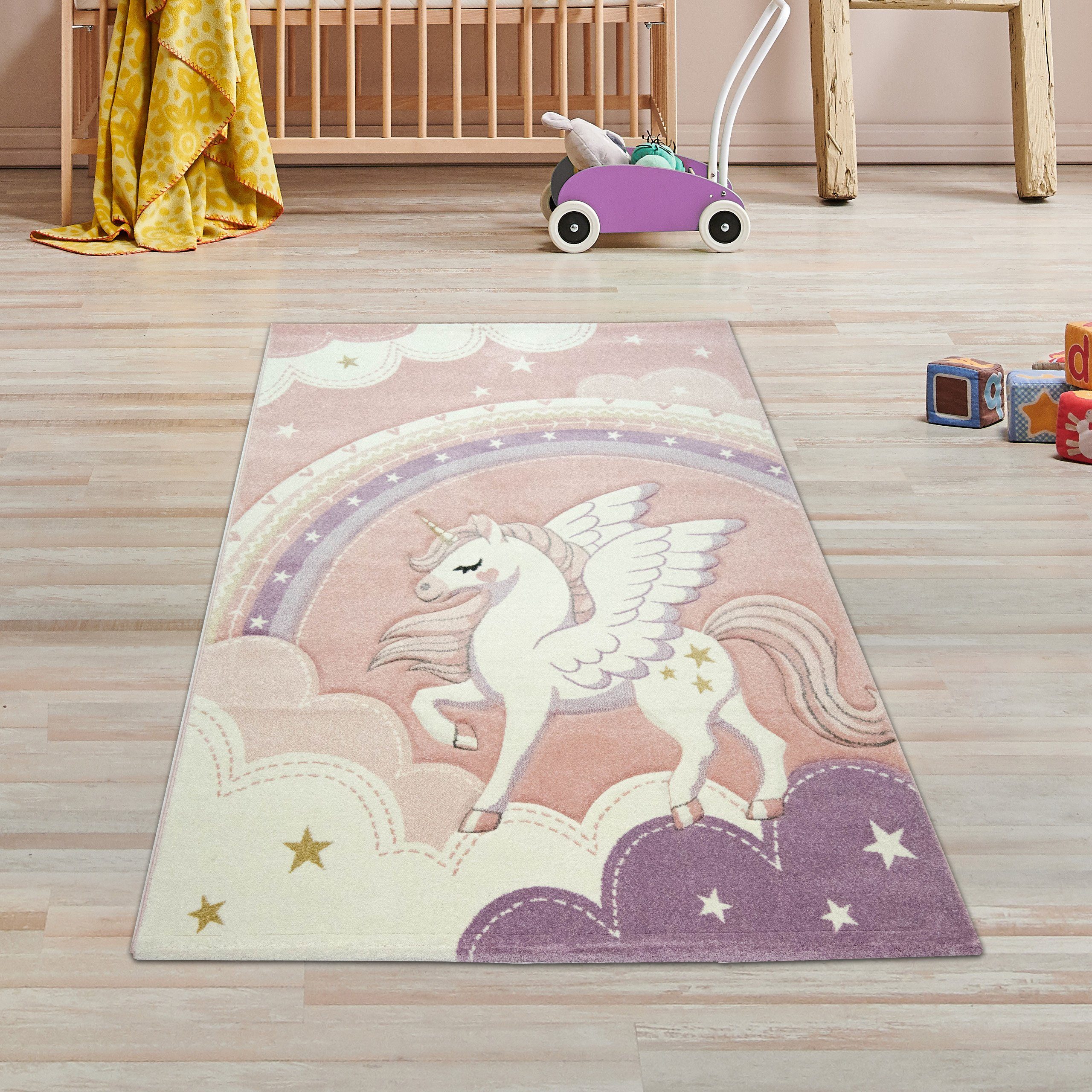 TeppichHome24 Kinderteppich Kinderzimmer Teppich Einhorn Regenbogen creme r günstig online kaufen