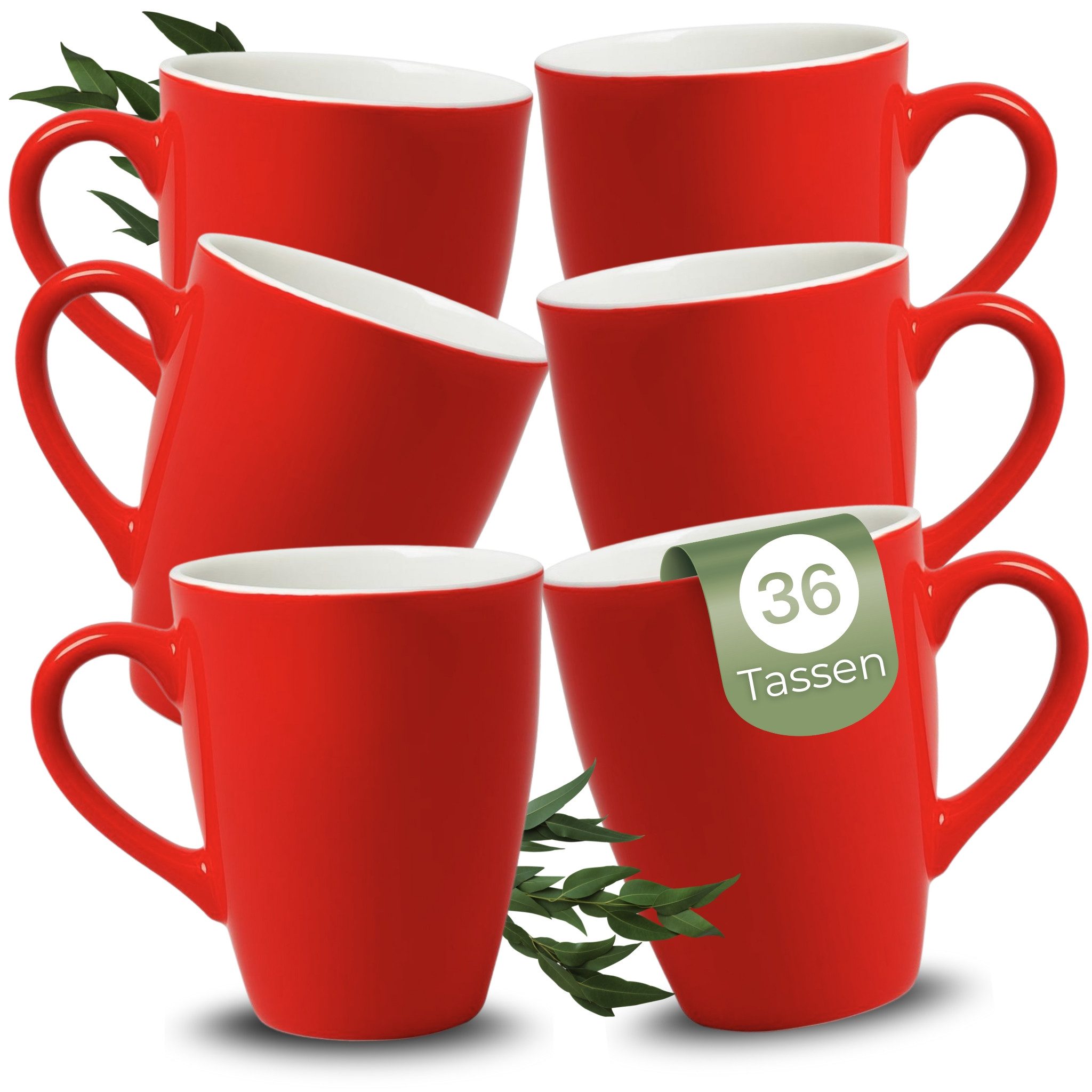 matches21 HOME & HOBBY Tasse Kaffeetassen 36er Set aus Keramik 340ml, Teetassen in Rot, 36-tlg., Moderne Kaffeebecher Spülmaschinenfest & Mikrowellengeeignet