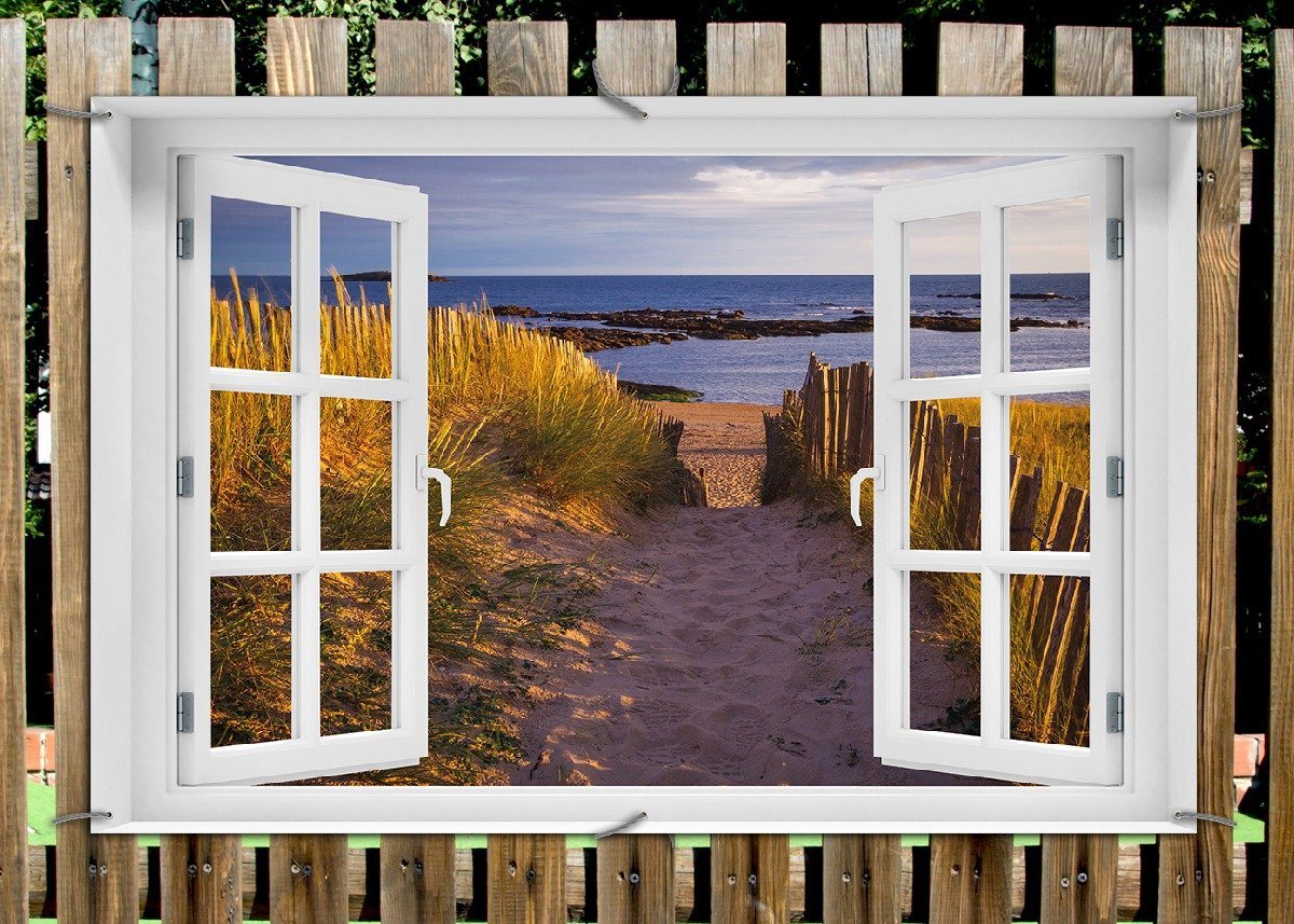 Thumbnail - Wallario Sichtschutzzaunmatten Weg durch die Dünen zum Meer an der Küste, mit Fenster-Illusion