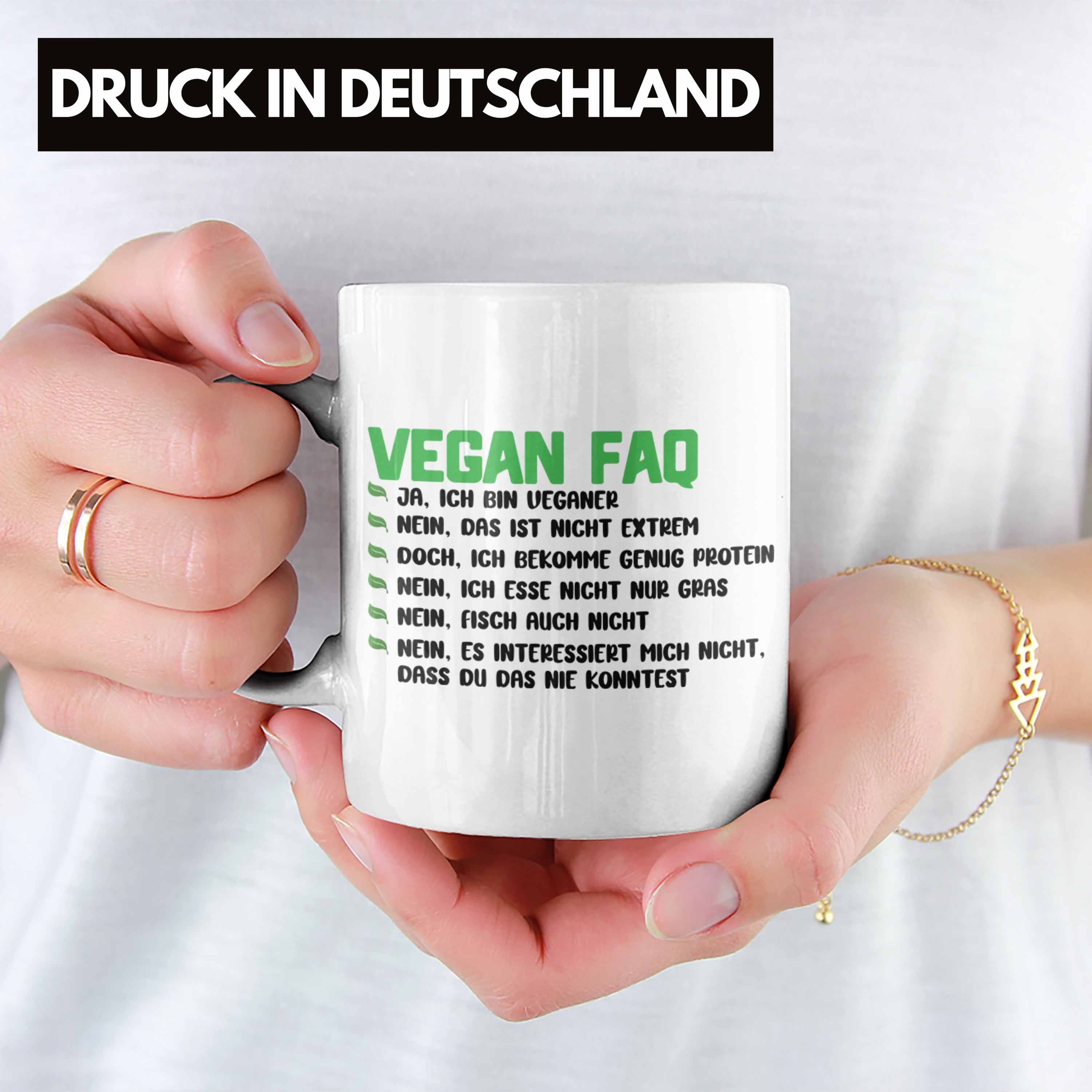 Vegane Veganer Geschenkidee Trendation Geschenk Tasse FAQ Vegan - Spruch Trendation Lebensweise Lustiger Tasse Weiss