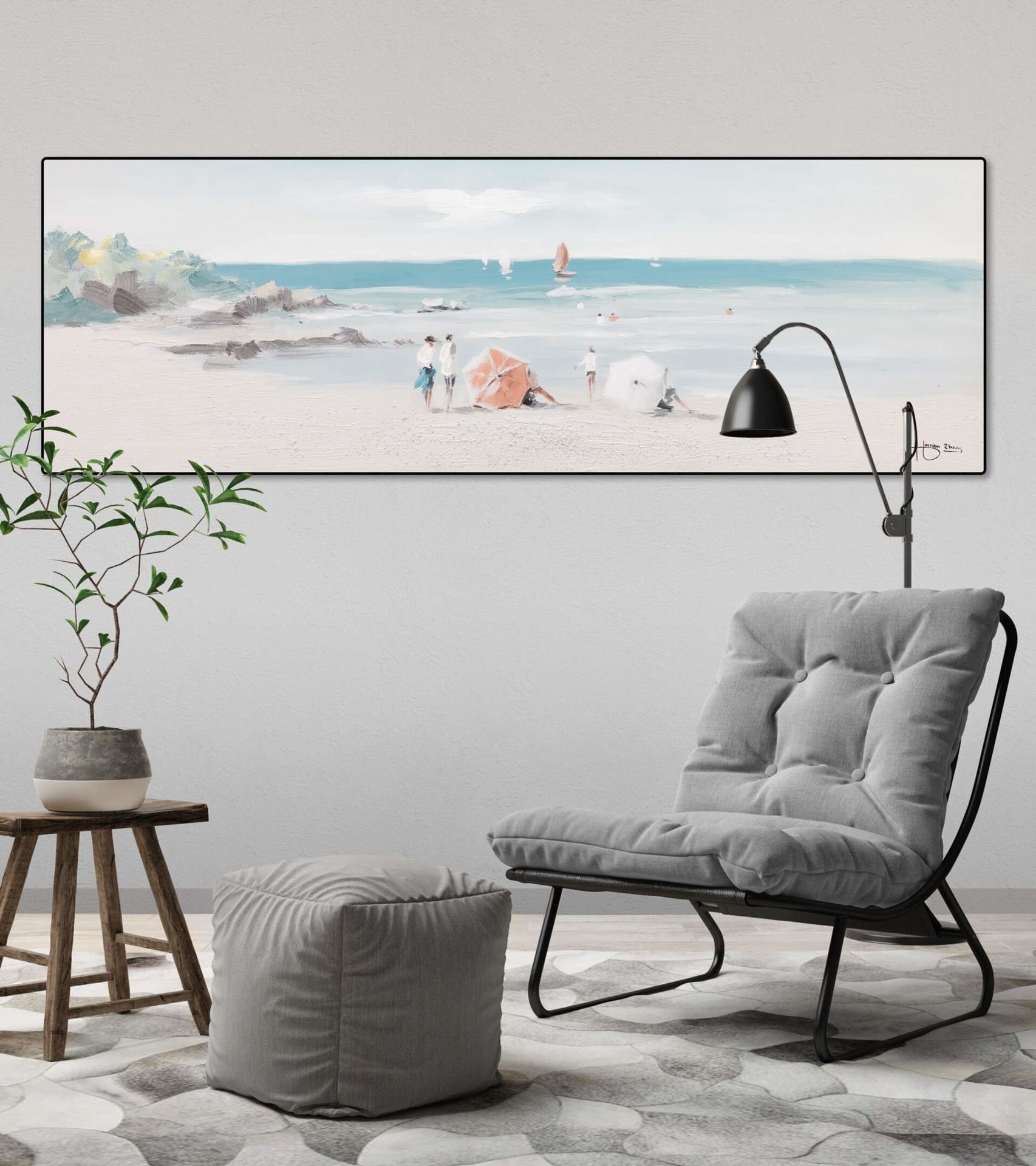 KUNSTLOFT Gemälde Strandtag 150x50 cm, Leinwandbild HANDGEMALT Wohnzimmer Wandbild 100