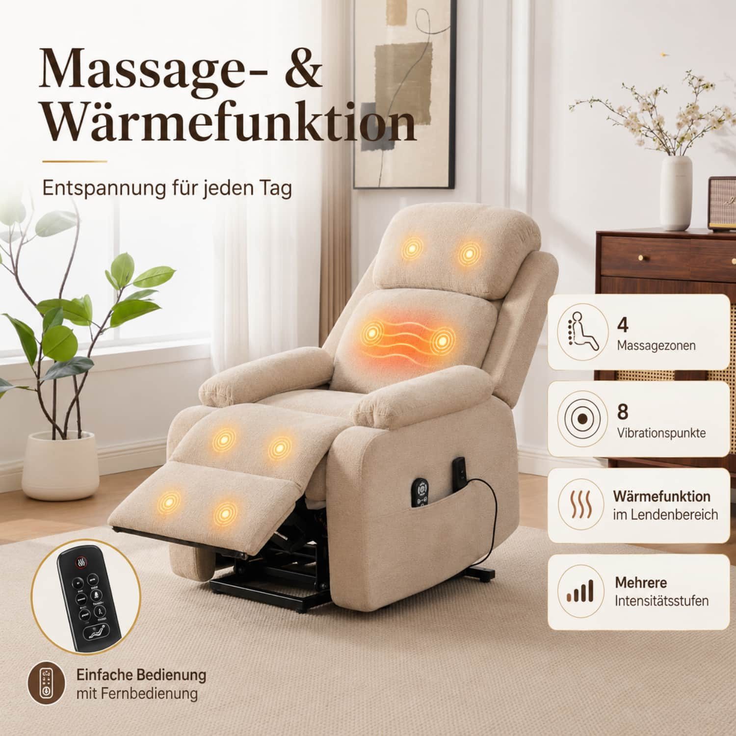 ANYSUN Massagesessel Elektrischer Massagesessel mit Aufstehhilfe, Wärmefunktion & Fußstütze (Chenille Bezug, verstellbare Rückenlehne, Getränkehalter & Tasche)