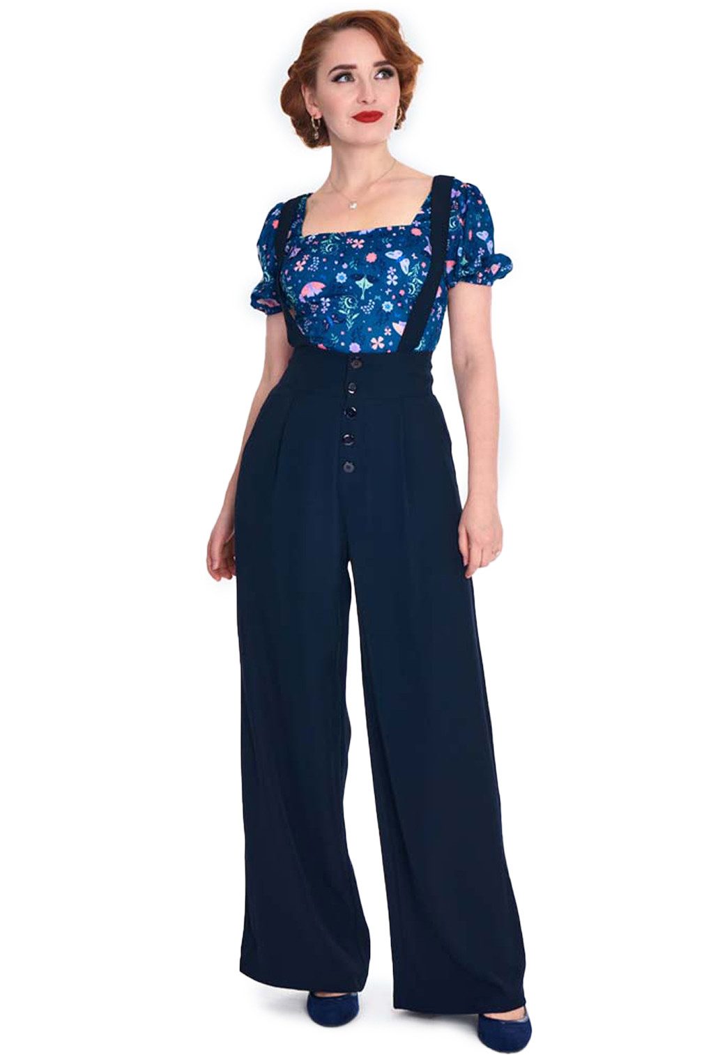 Voodoo Vixen Marlene-Hose Navy High Waisted Suspender Vintage Retro Hosenträger Marlenehose