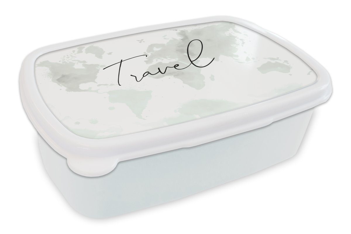 MuchoWow Lunchbox Weltkarte - Aquarell - Schwarz - Weiß, Kunststoff, (2-tlg), Brotbox für Kinder und Erwachsene, Brotdose, für Jungs und Mädchen