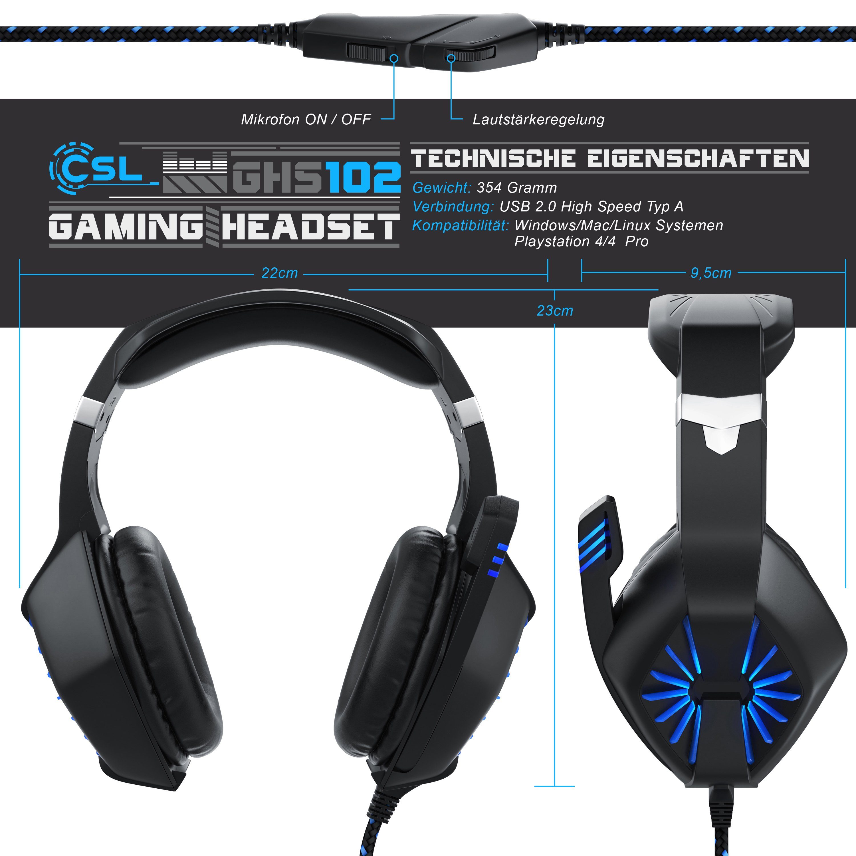 Kopfhörer Gaming-Headset mit Windows/Mac/Linux Pro) für CSL (GHS-102 Mikrofon /PS4/PS4 USB