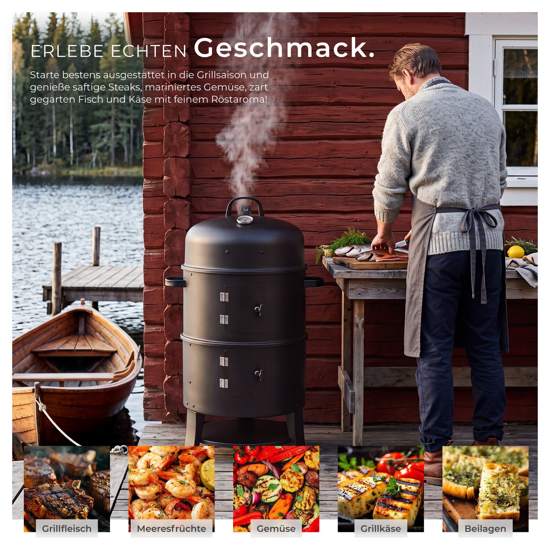tectake Holzkohlegrill Smokerfass 3in1 mit 2 Rosten, Fasssmoker, in Schwarz, Inkl. Kohlerost, Ascheschale und Wasserschale für vielseitige Nutzung
