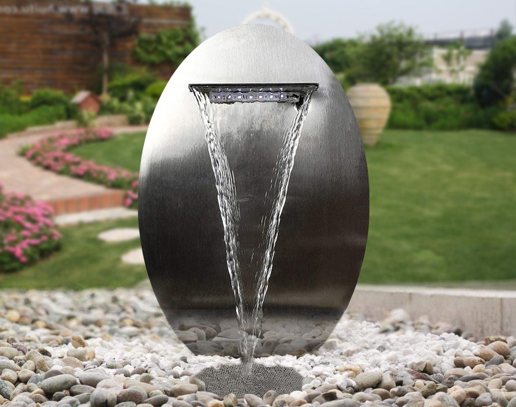 Köhko Gartenbrunnen KÖHKO® Wasserwand Ø 37.5 CM in Ei-Optik mit LED- Beleuchtung „Ellisse“ 22013 aus matt gebürsteten Edelstahl mit Harzbecken