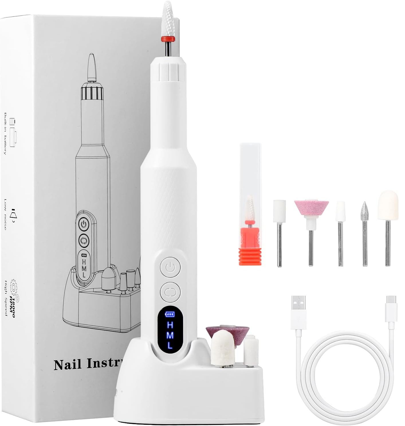 ibettertec Maniküre-Pediküre-Set Maniküre-Pediküre-Set Elektrischer Nagelfräser 18000 U/min Nagelfräser, Nagelfeile + 6 Aufsätze + Ladestation + USB-Ladekabel, USB-Ladung, Vor-/Rücklauf, LED-Anzeige, rutschfestes Griffdesign