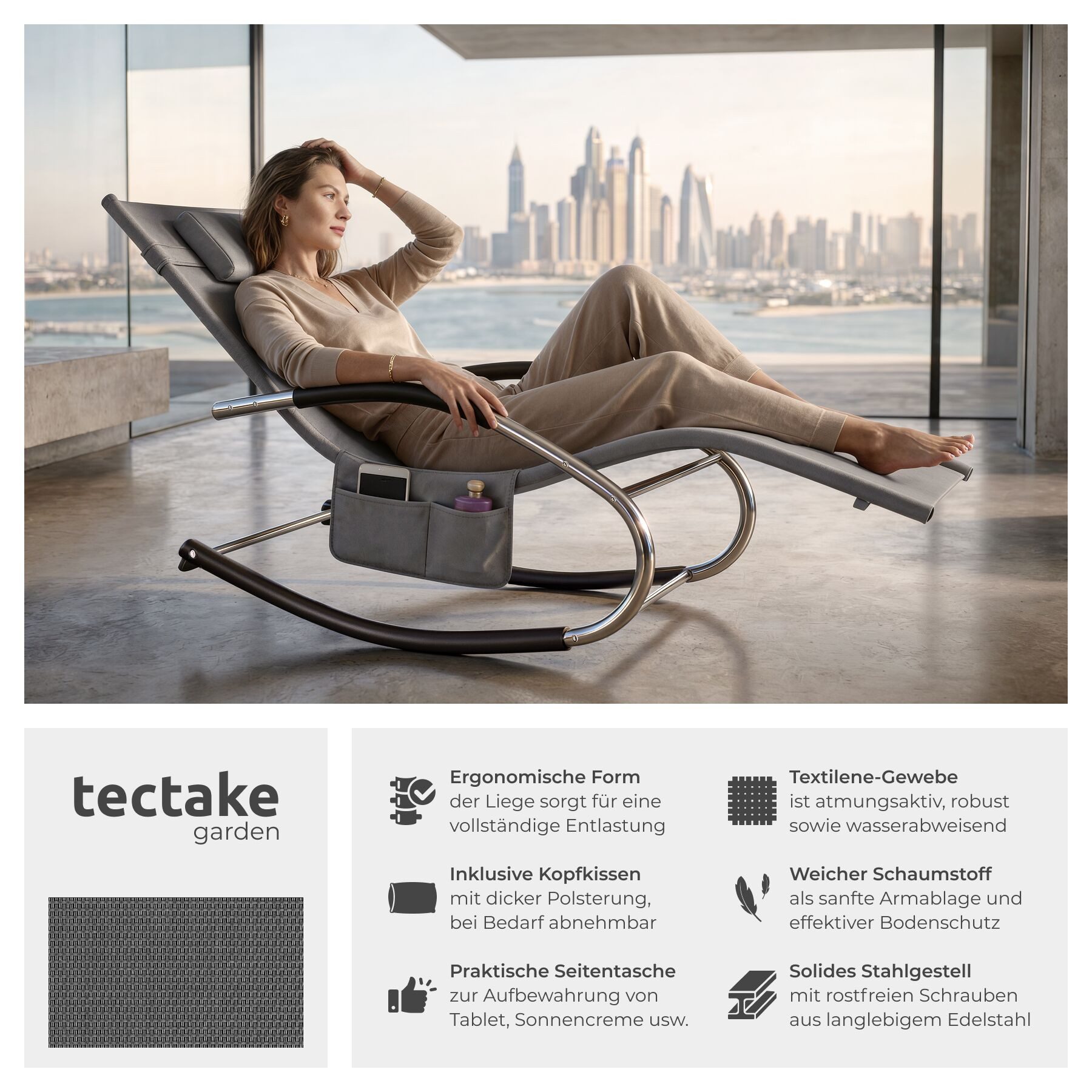 tectake Gartenliege ergonomische Sonnenliege, Belastbarkeit 120 kg, 62 x 146 x 92 cm, Balkonliege Taya, 1 St., für Außen in Grau, gepolstert, atmungsaktiv, wasserabweisend, mit Aufbewahrungstasche