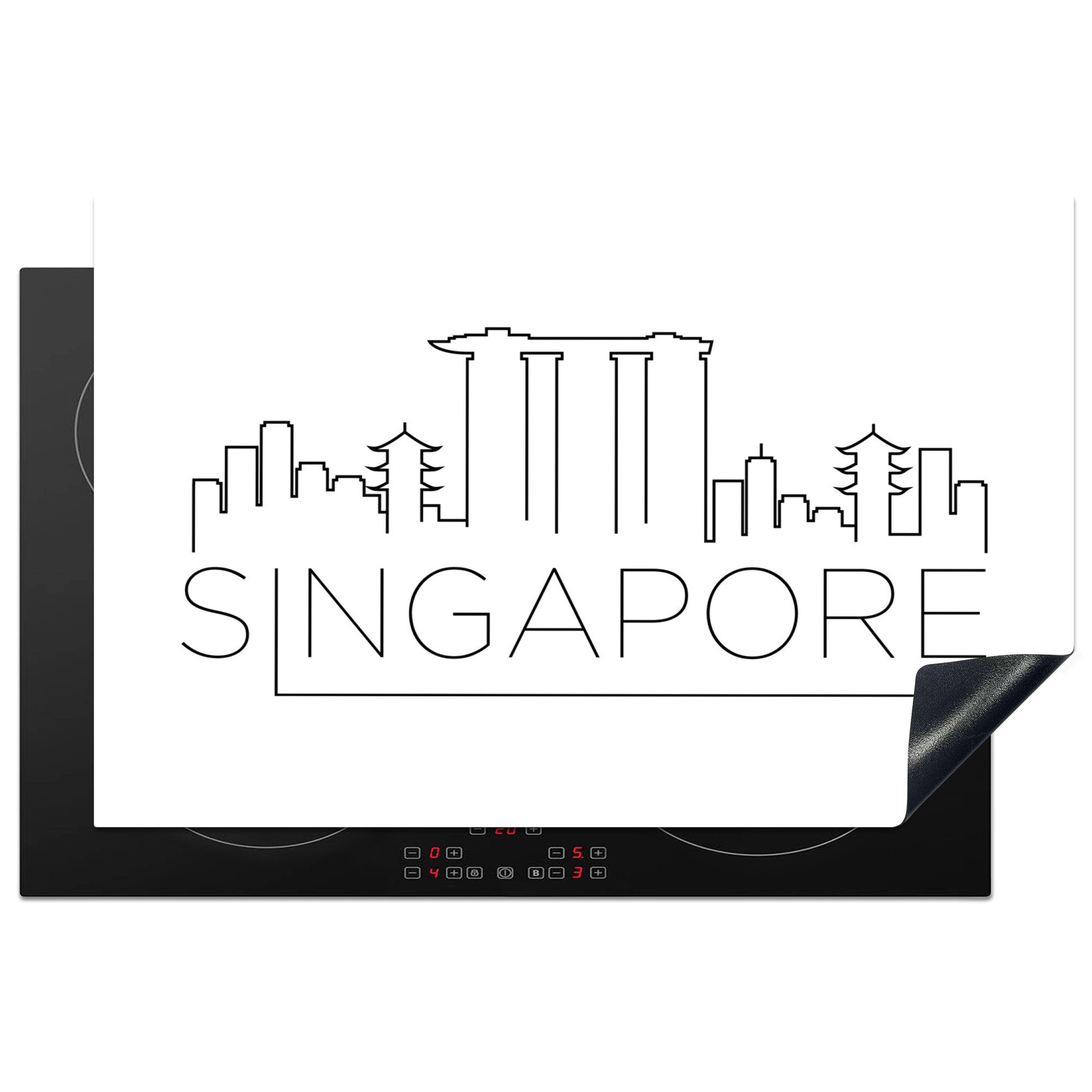MuchoWow Herdblende-/Abdeckplatte Skyline "Singapur" auf weißem Hintergrund, Vinyl, (1 tlg), 81x52 cm, Induktionskochfeld Schutz für die küche, Ceranfeldabdeckung
