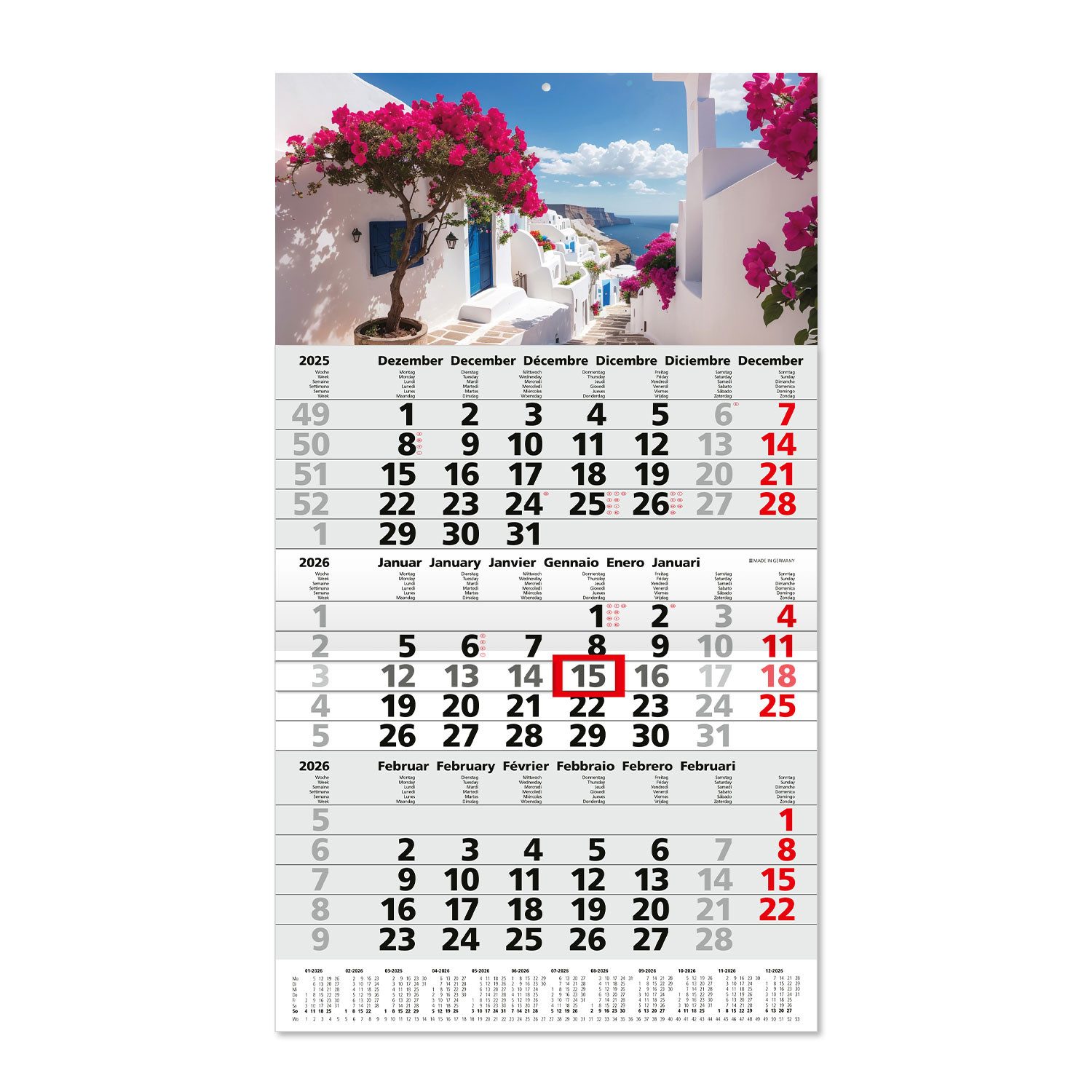 Timr Monatskalender 3-Monatskalender 2026 Jahresübersicht D / GB / F / I / E / NL tr346