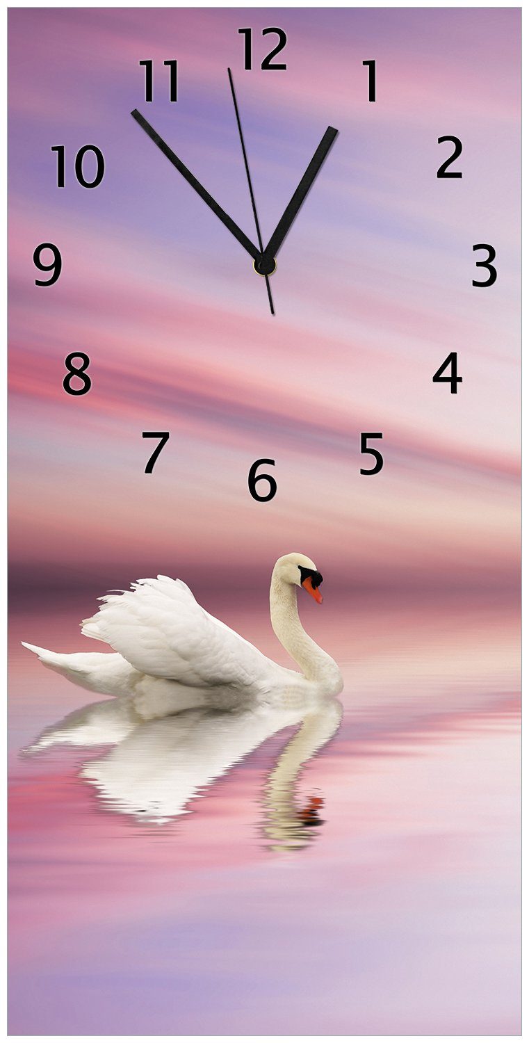 Wallario Wanduhr Weißer Schwan im rosafarbenen See (Uhr aus Acryl)