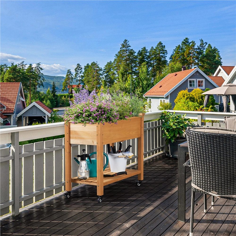 Yaheetech Hochbeet aus Spießtannenholz, Pflanzkasten Blumenkübel mit 4 Rollen & 1 offenem Ablagefach
