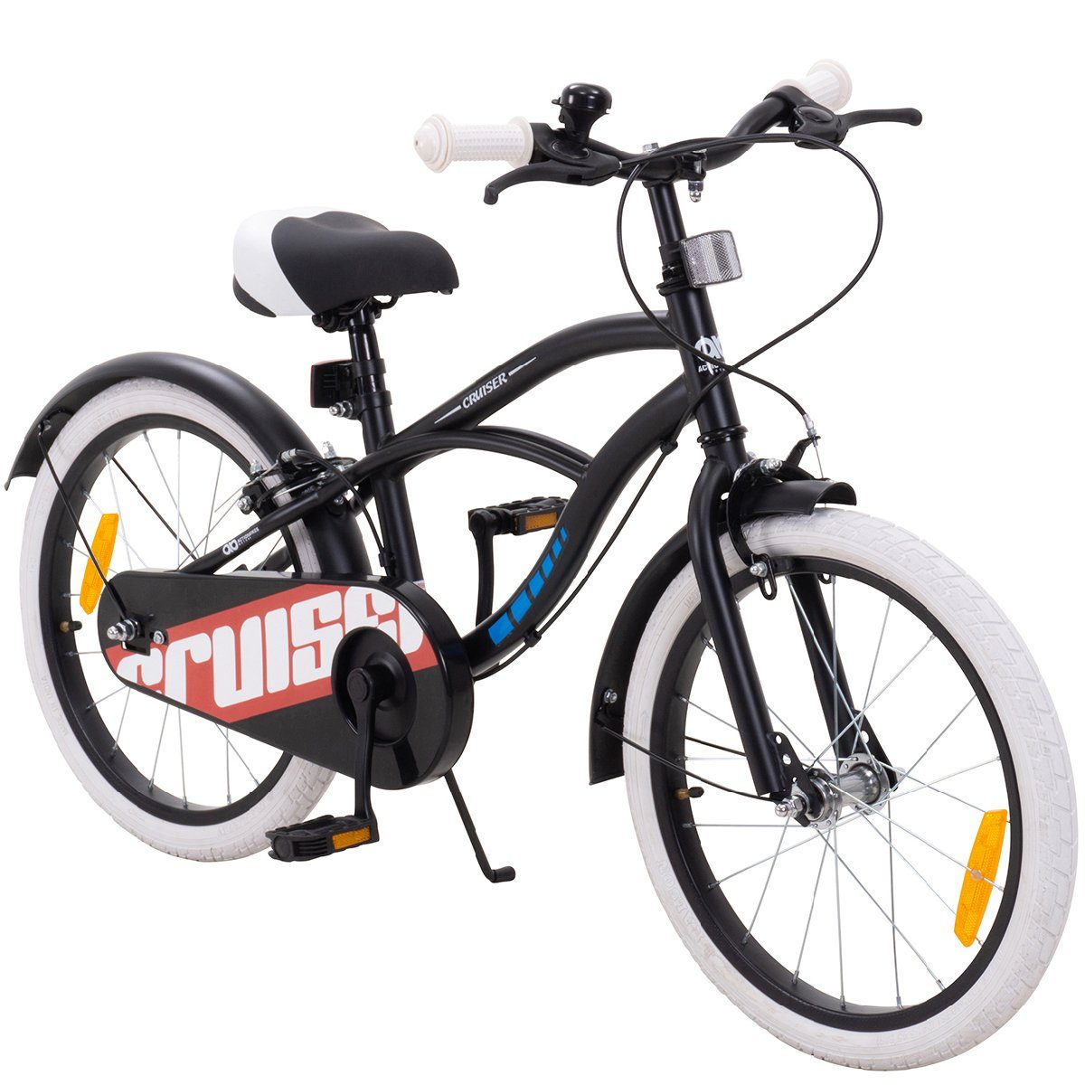 Actionbikes Motors Kinderfahrrad Kinder Fahrrad Cruiser 18 Zoll - ab 5 Jahre, 1 Gang, ohne Schaltung, (Trapez-Rahmen, Caliper Bremsen, max. Zuladung 35 kg, schwarz / weiß, 1-tlg., Klingel, Kettenschutz, Reflektoren, Katzenaugen, Fahrradständer), höhenverstellbares Bike Jungen Mädchen Kinderrad ab 110 cm