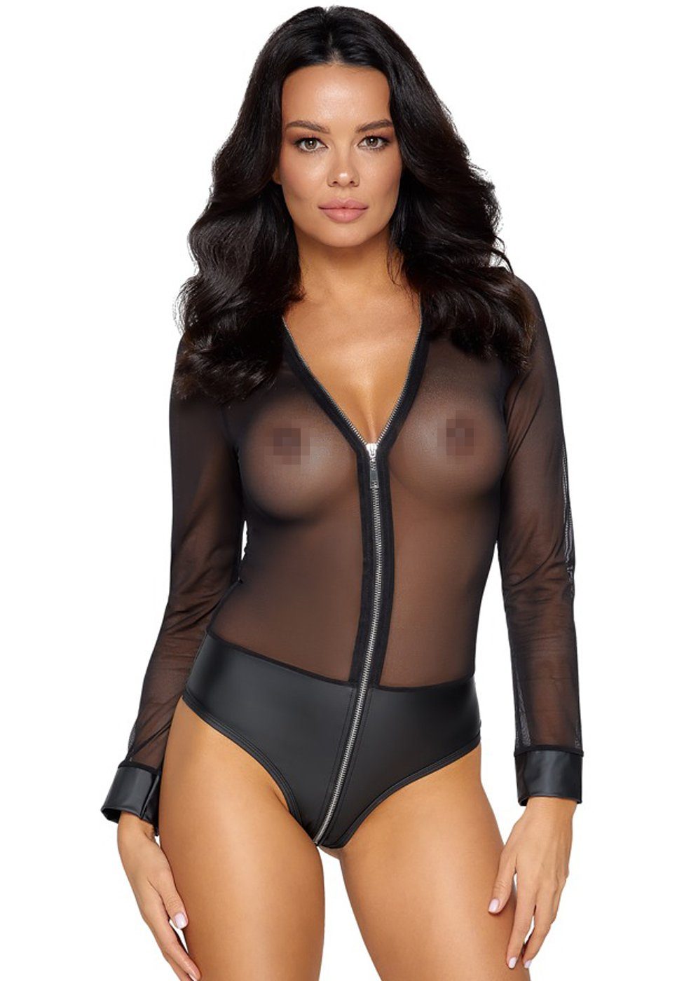 Body Transparenter Wetlook-Body mit Reißverschluss - schwarz