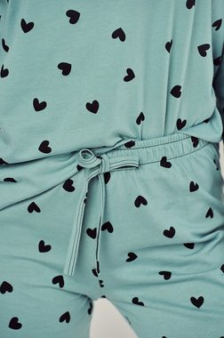 Mademoiselle Sommeil Pyjama Damen Schlafanzug in dunkelgrün mit Herzdruck (2 tlg)