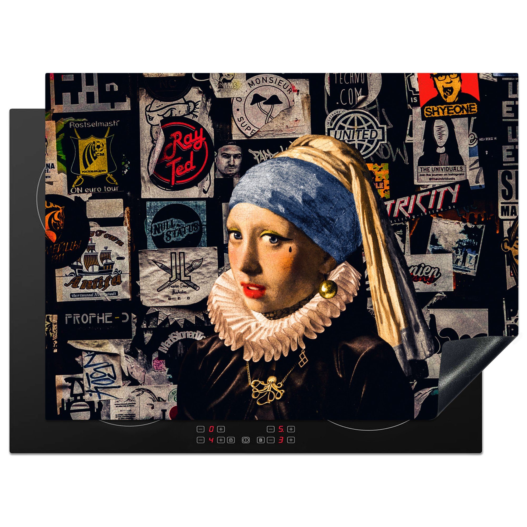 MuchoWow Herdblende-/Abdeckplatte Das Mädchen mit dem Perlenohrring - Tätowierung - Vermeer, Vinyl, (1 tlg), 71x52 cm, Induktionskochfeld Schutz für die küche, Ceranfeldabdeckung