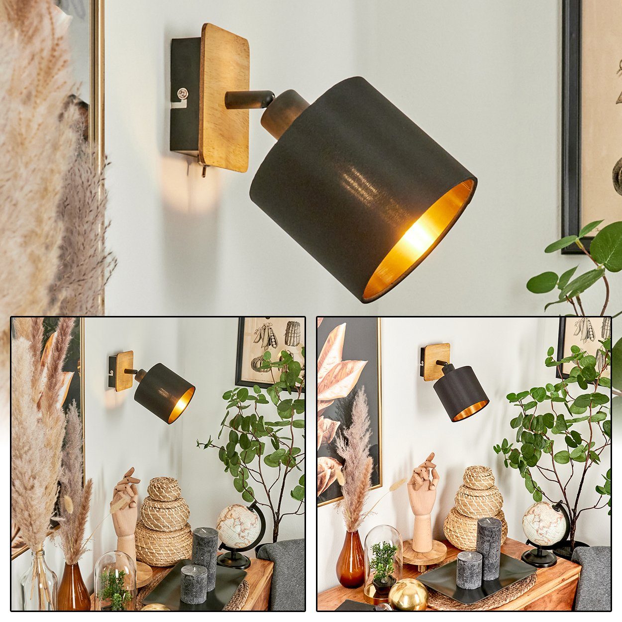 hofstein Wandleuchte »Costa« verstellbare Wandlampe, Leuchte,skandinavisches ohne (12cm), Natur/Schwarz, Holz/Metall/Stoff, Kupferfarben Leuchtmittel, 1xE14, Design,Schirm