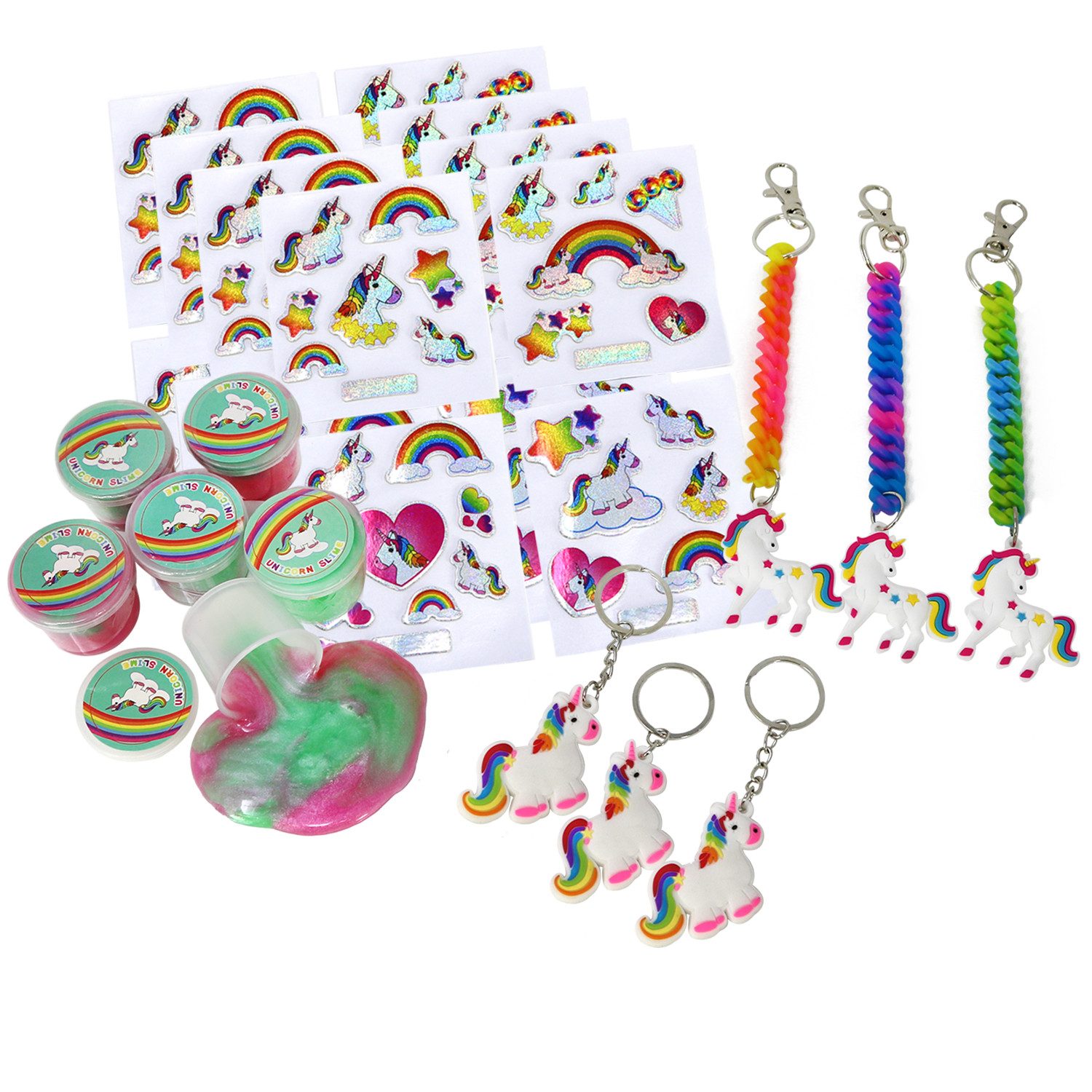 com-four Spiel Mitgebsel Set mit Einhorn Motiven für Kindergeburtstage, Stickern, Schlüsselanhängern und Schleim