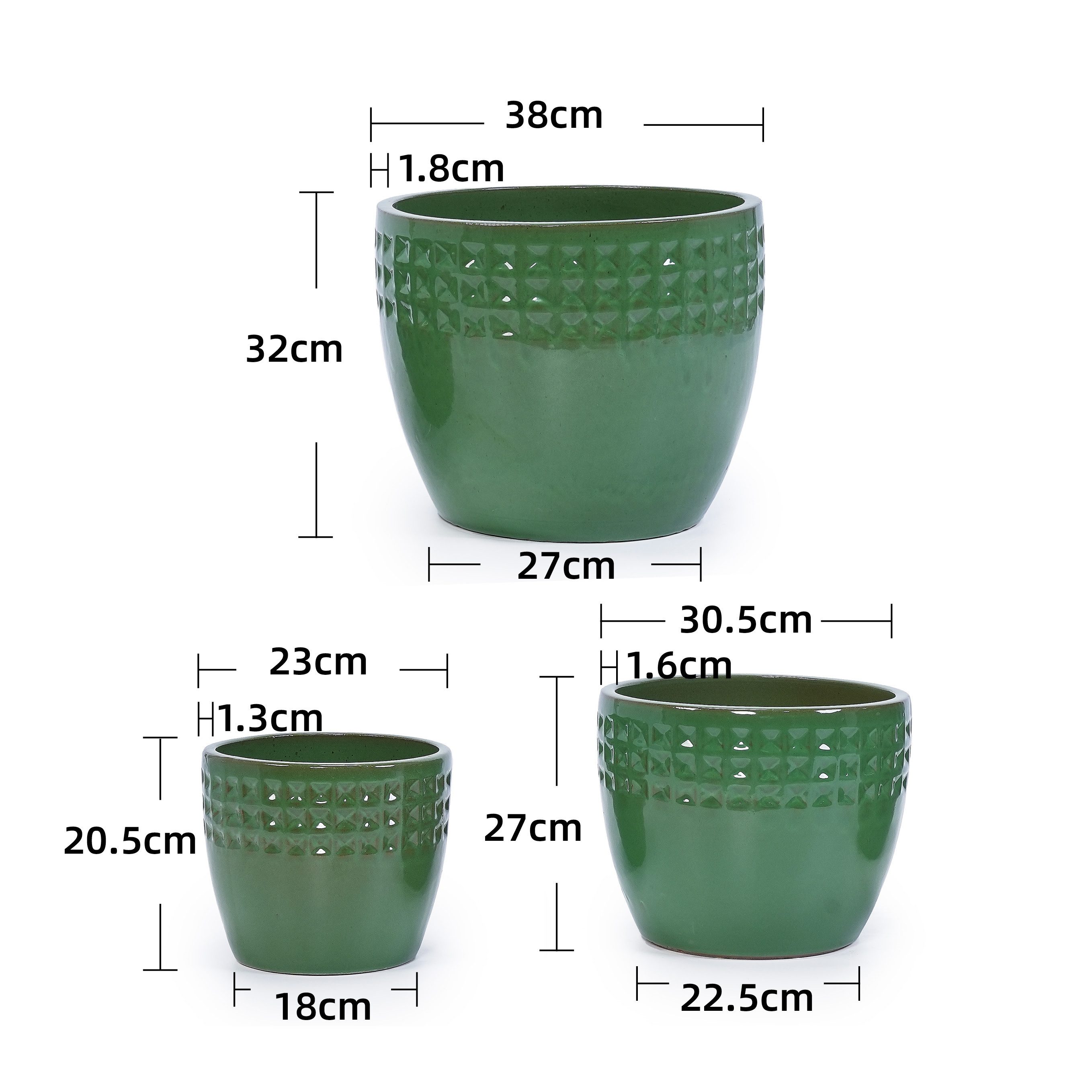i@home Blumentopf Keramik Blumentopfe,38+30,5+23 cm Durchmesser Klein Blumentöpfe Set (3 St), 3er Set Übertöpfe für Zimmerpflanzen, Pflanztöpfe mit Abflussloch,Grün