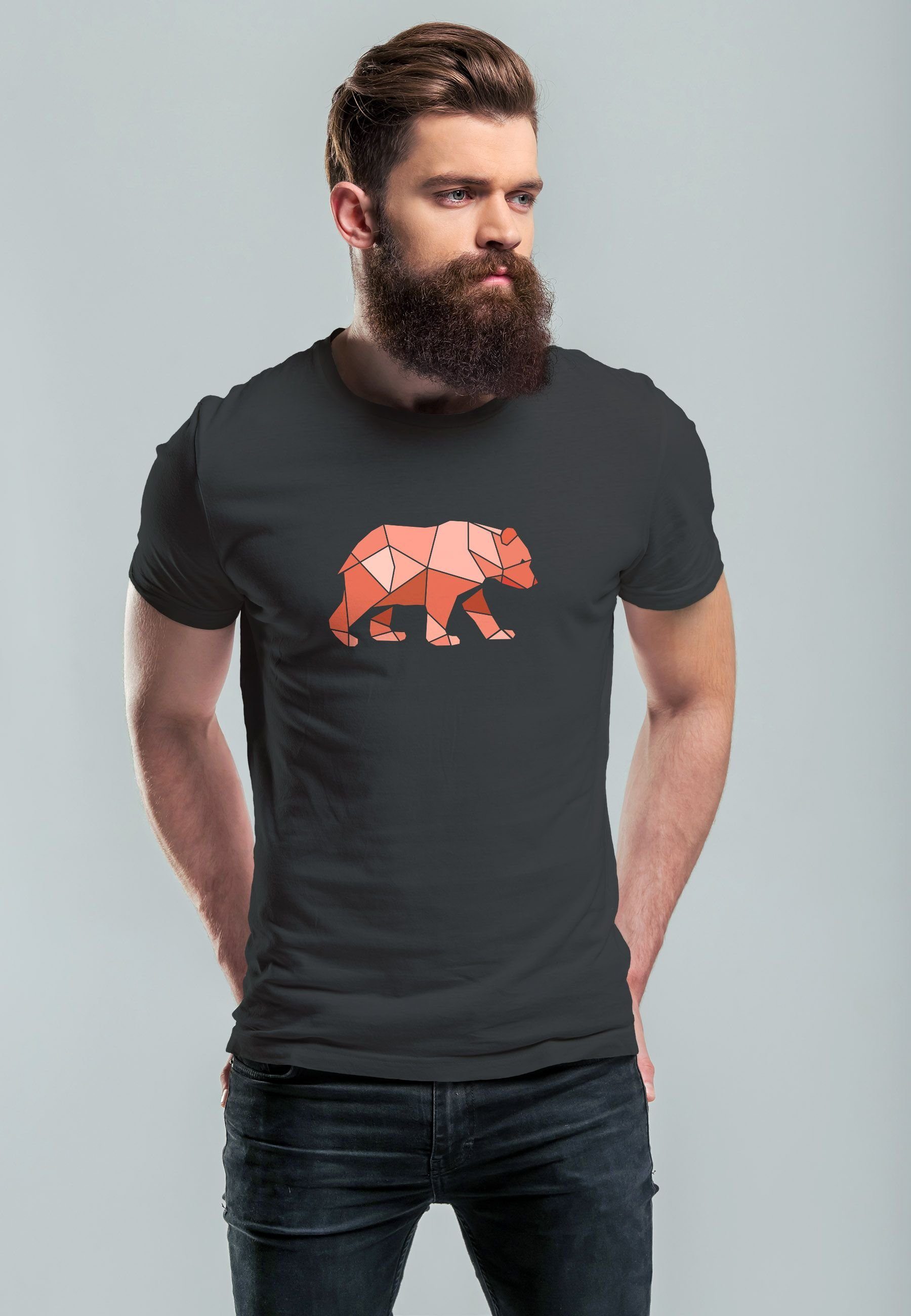 Grafik T-Shirt Printshirt Fash Polygon Motive Bär Print Natur mit anthrazit Herren Print-Shirt Neverless Outdoor
