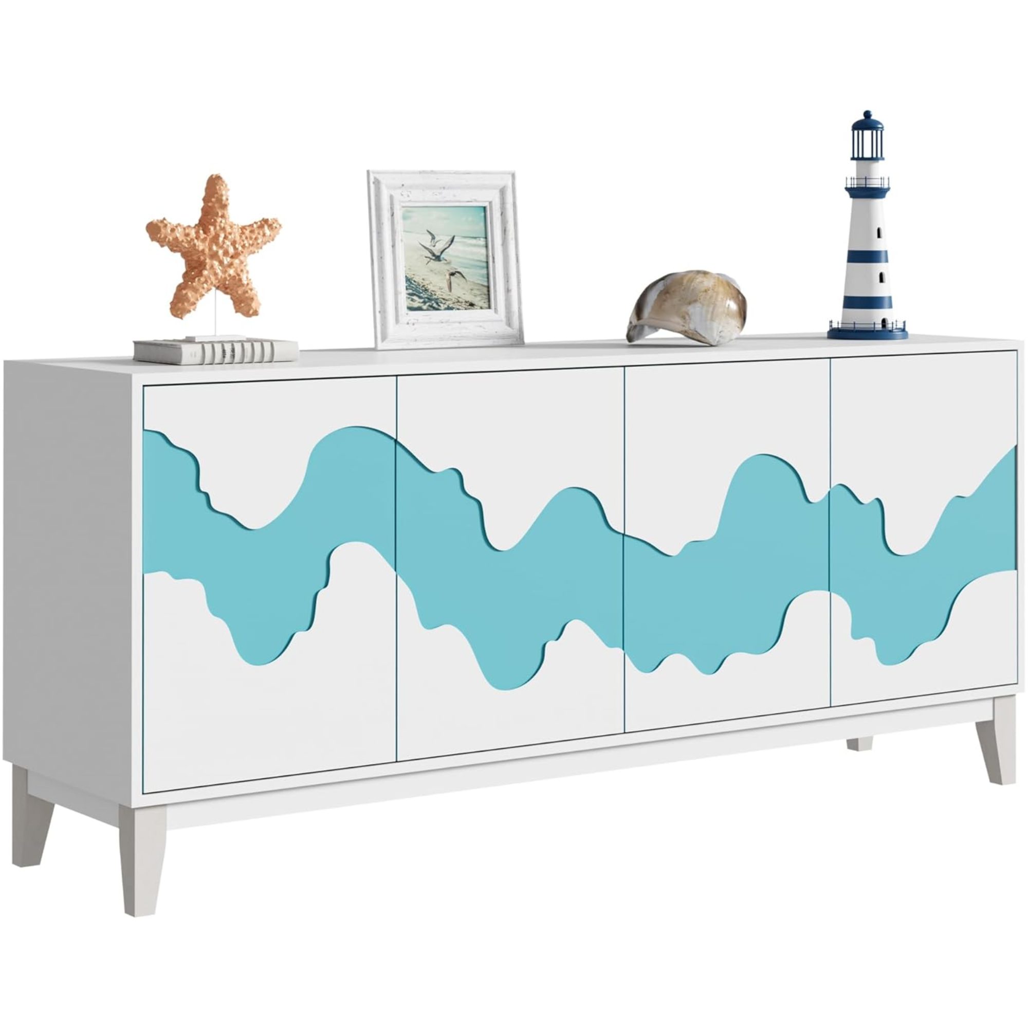 UEV Sideboard mit 4 Türen, Modern Kommode mit Wellenmuster Buffet für Küche (Packung, 160x40x73cm Highboard TV Schrank, Mehrzweckschrank), verstellbare Ablage, Anti-Kipp Schutz, Drucktüröffner