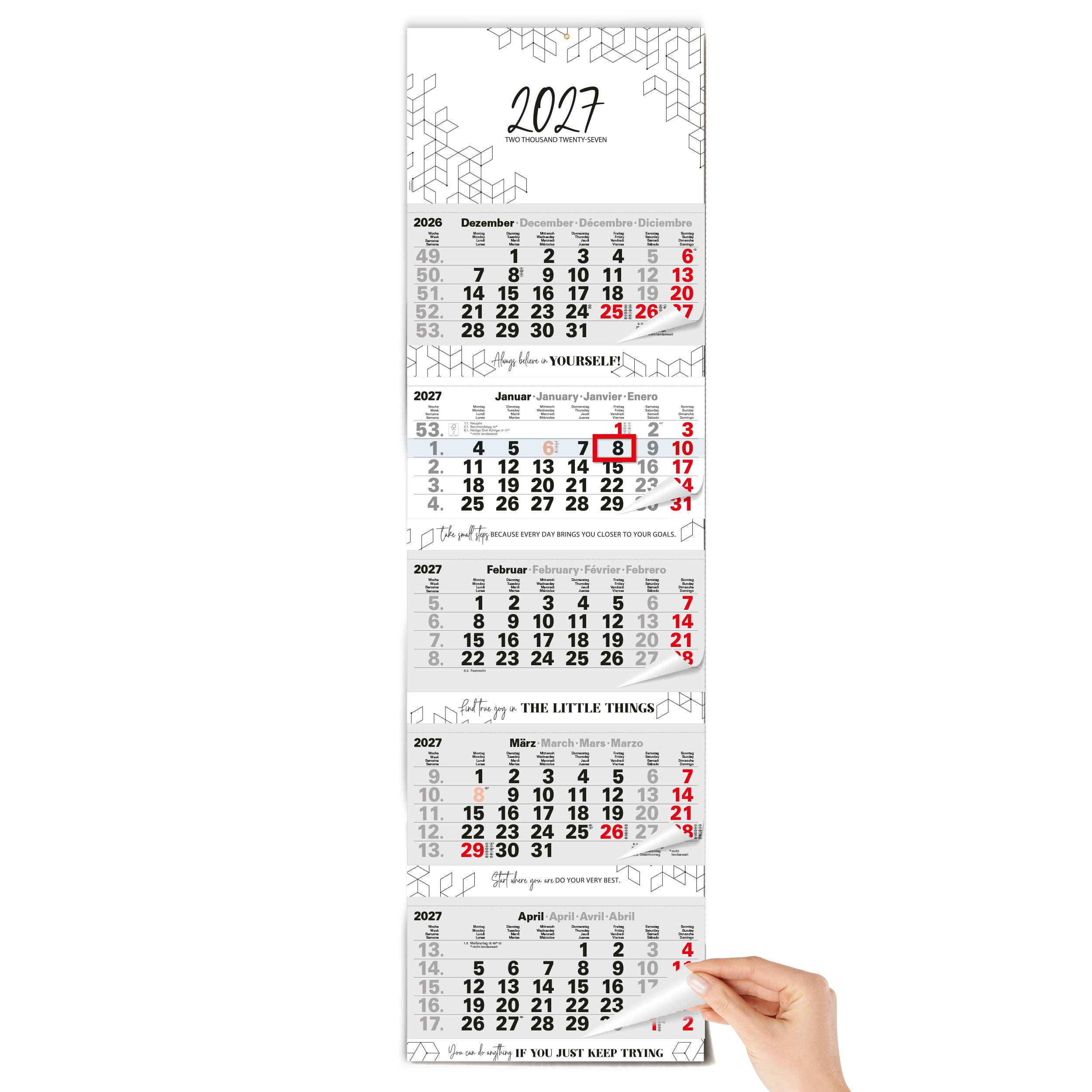 TOBJA Wandkalender 5 Monatskalender 2027 Block XL 33x115 Motivation Metallöse FSC, Block-Format, 5 Sprüche, XL 33x115 cm, Metallöse, DE/EN/FR/ES